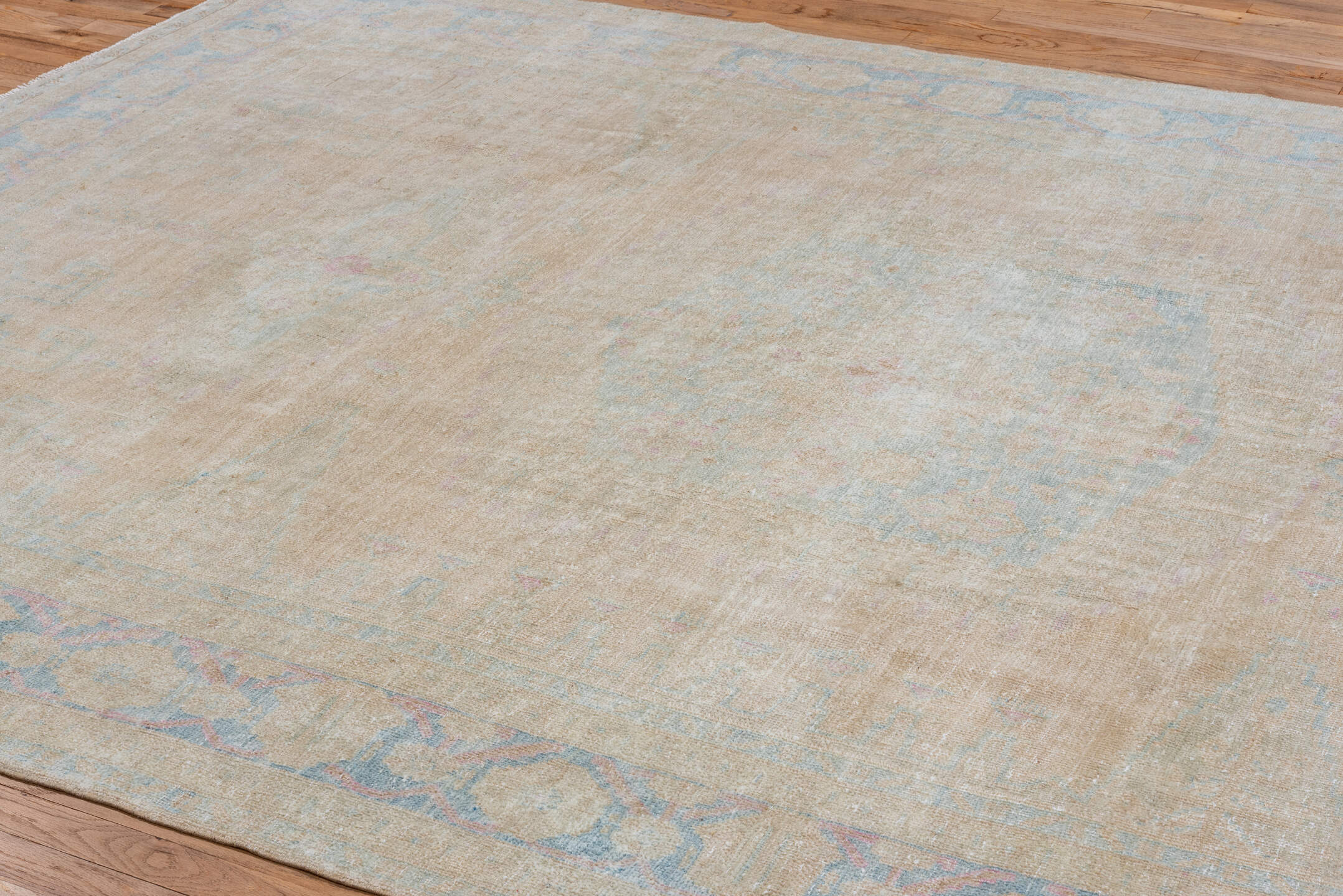 7' x 11' one-of-a-kind handmade vintage Veece large size rug. Color palette: ivory, pale blue, beige, blush, cream, taupe