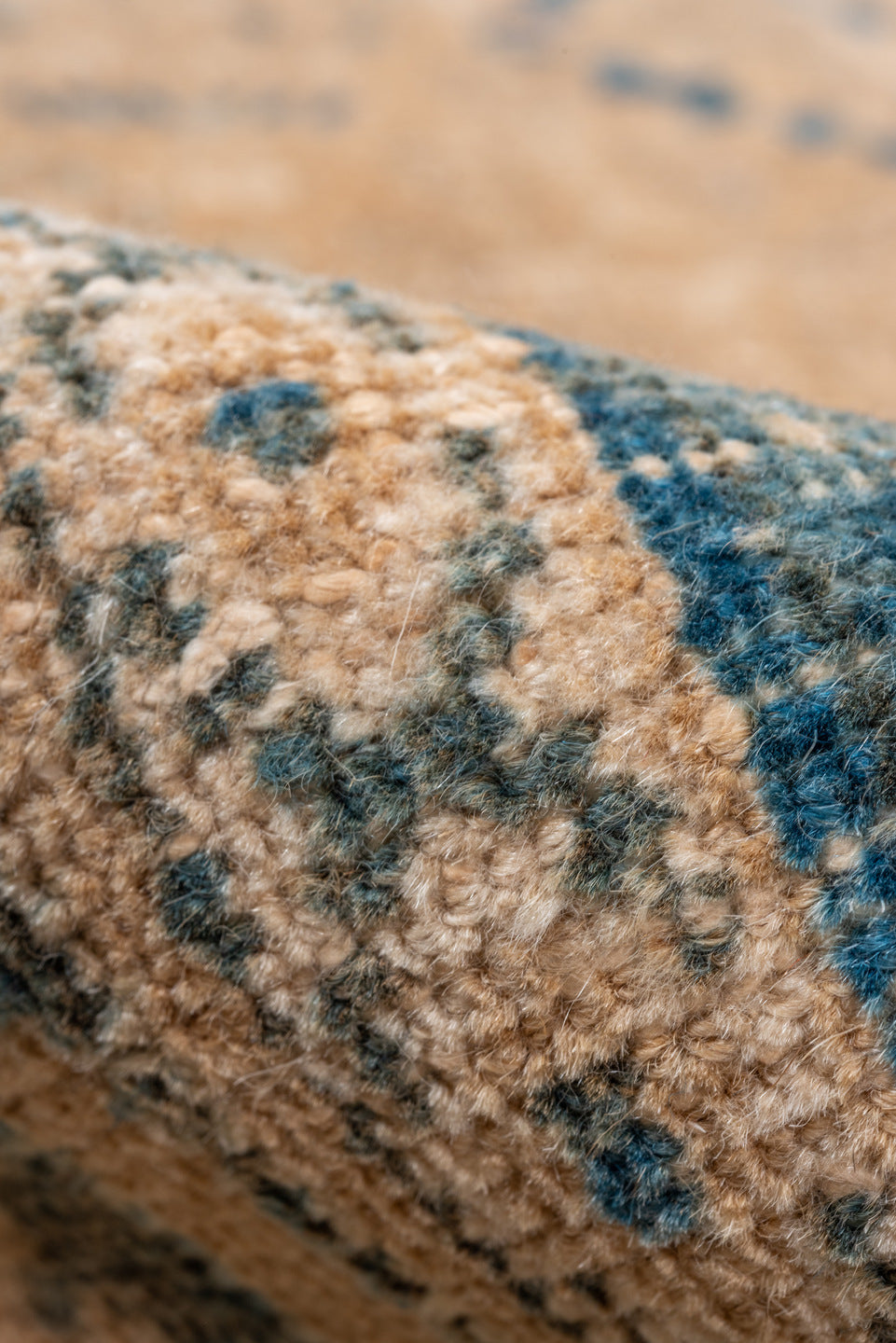 6' x 10' one-of-a-kind handmade vintage Joshegan large size rug. Color palette: camel, ivory, sky blue, taupe, beige