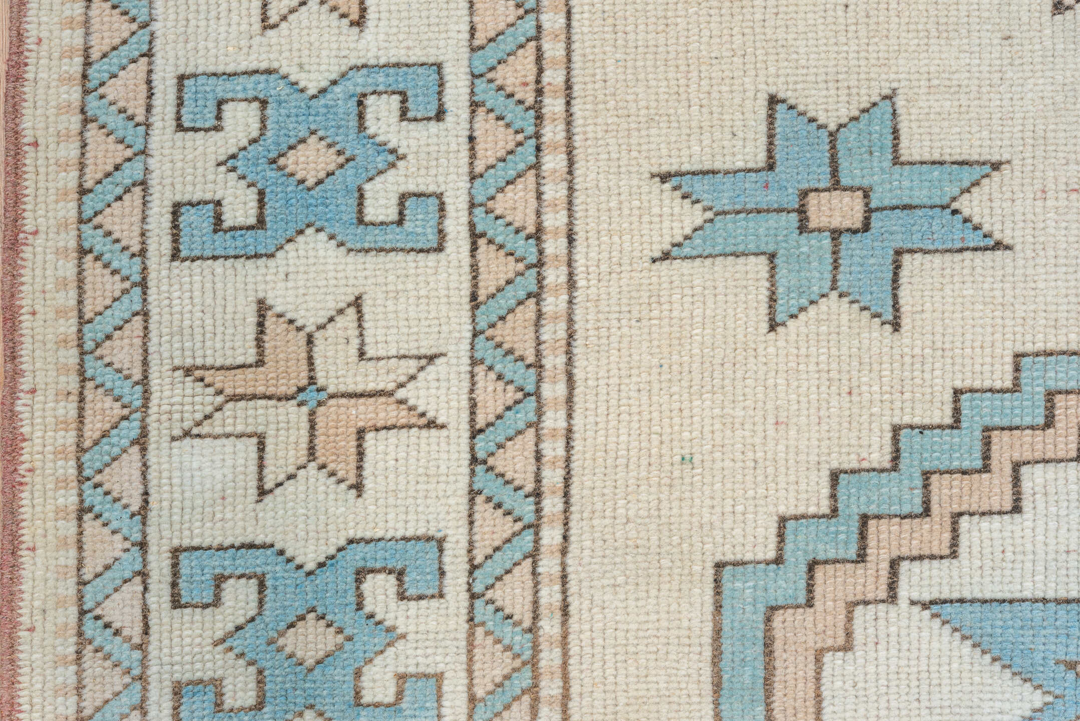4' x 7' one-of-a-kind handmade vintage Oushak rug. Color palette: ivory, sky blue, beige, taupe, camel, light blue, gray