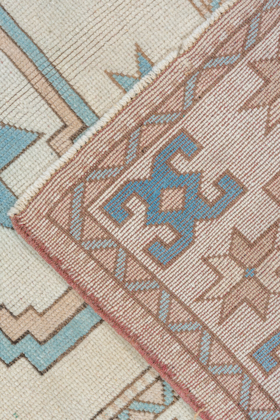 4' x 7' one-of-a-kind handmade vintage Oushak rug. Color palette: ivory, sky blue, beige, taupe, camel, light blue, gray