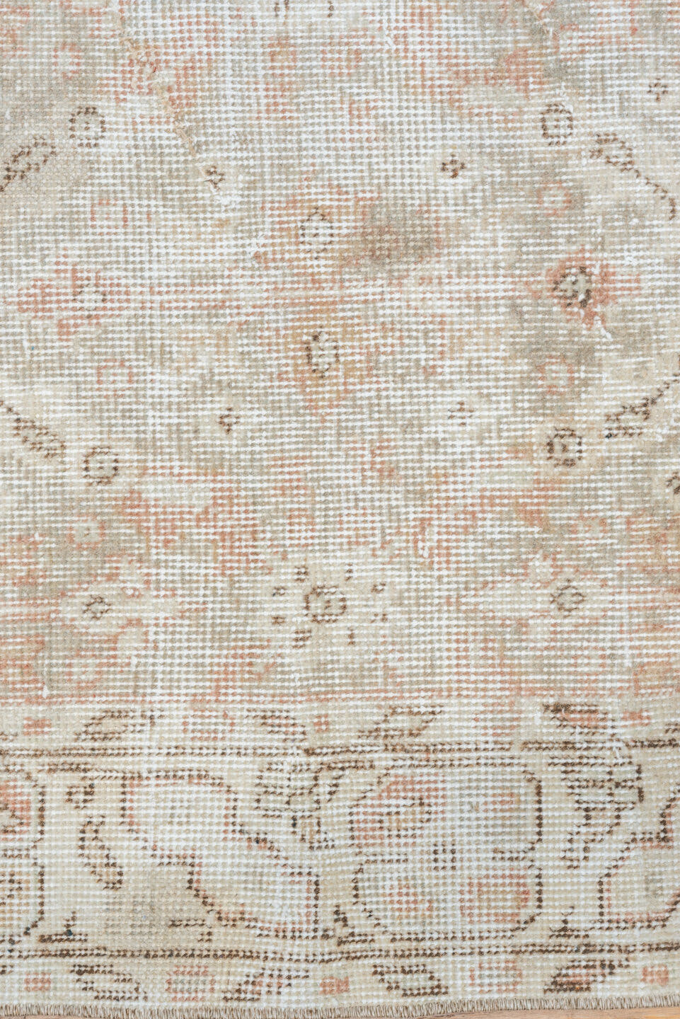 3' x 6' one-of-a-kind handmade vintage Oushak small size rug. Color palette: ivory, beige, taupe, blush, sand, camel, gray