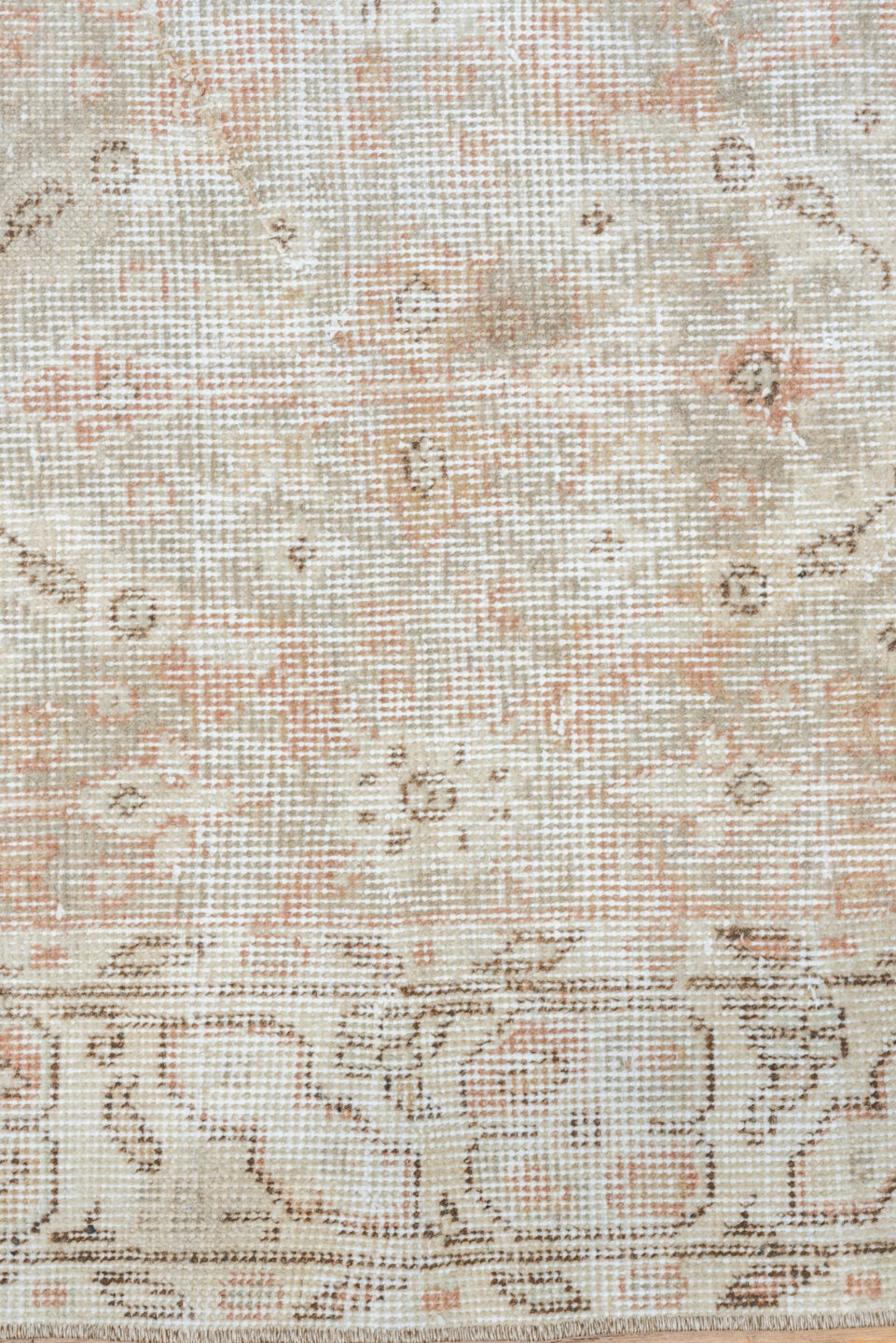 3' x 6' one-of-a-kind handmade vintage Oushak small size rug. Color palette: ivory, beige, taupe, blush, sand, camel, gray