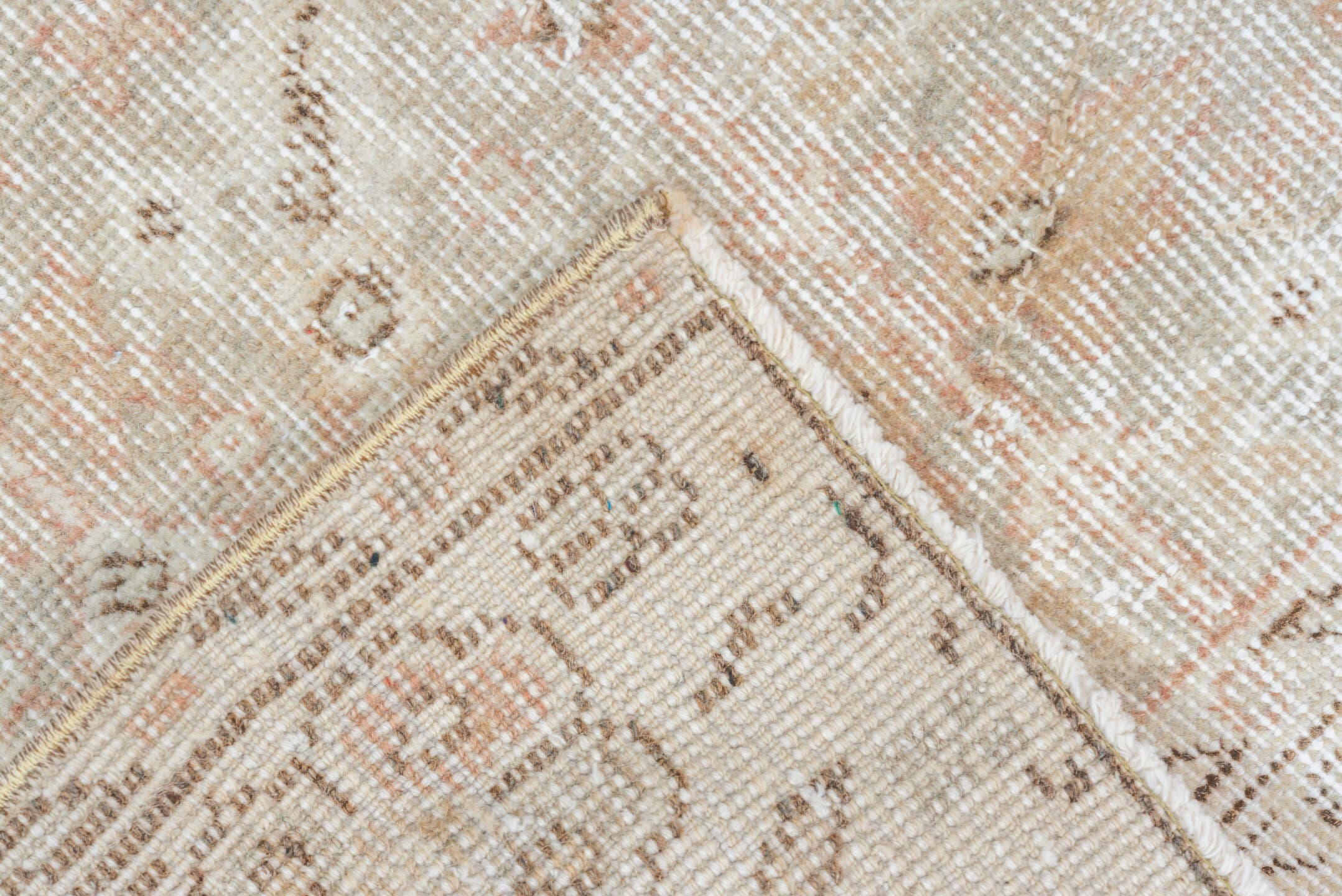 3' x 6' one-of-a-kind handmade vintage Oushak small size rug. Color palette: ivory, beige, taupe, blush, sand, camel, gray