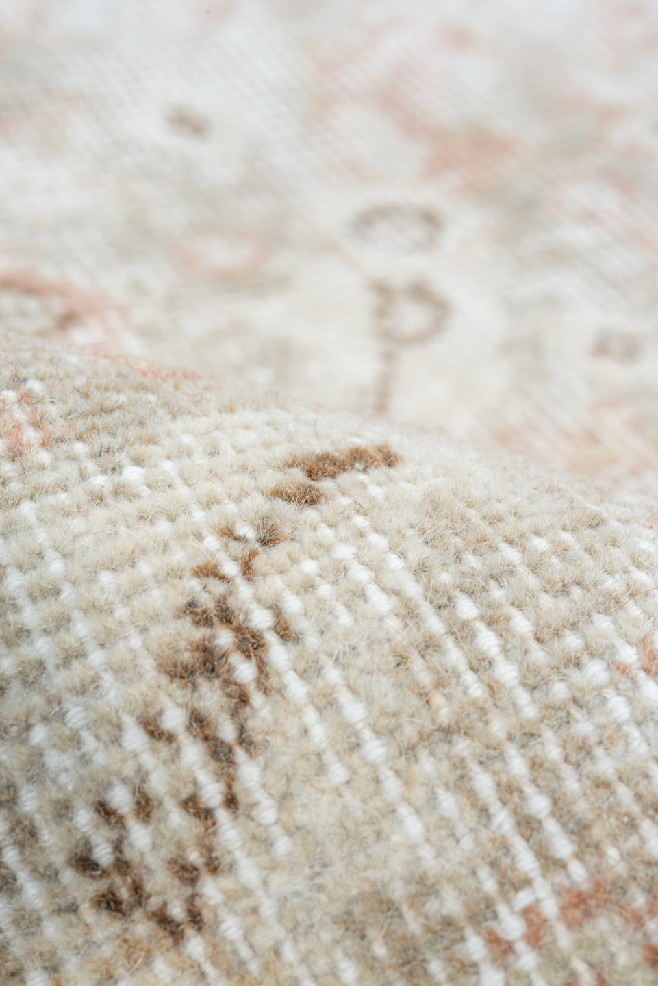 3' x 6' one-of-a-kind handmade vintage Oushak small size rug. Color palette: ivory, beige, taupe, blush, sand, camel, gray