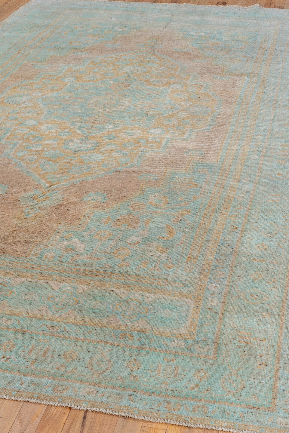 6' x 10' one-of-a-kind handmade vintage Oushak large size rug. Color palette: aqua, taupe, beige, ivory, sand, teal, gray