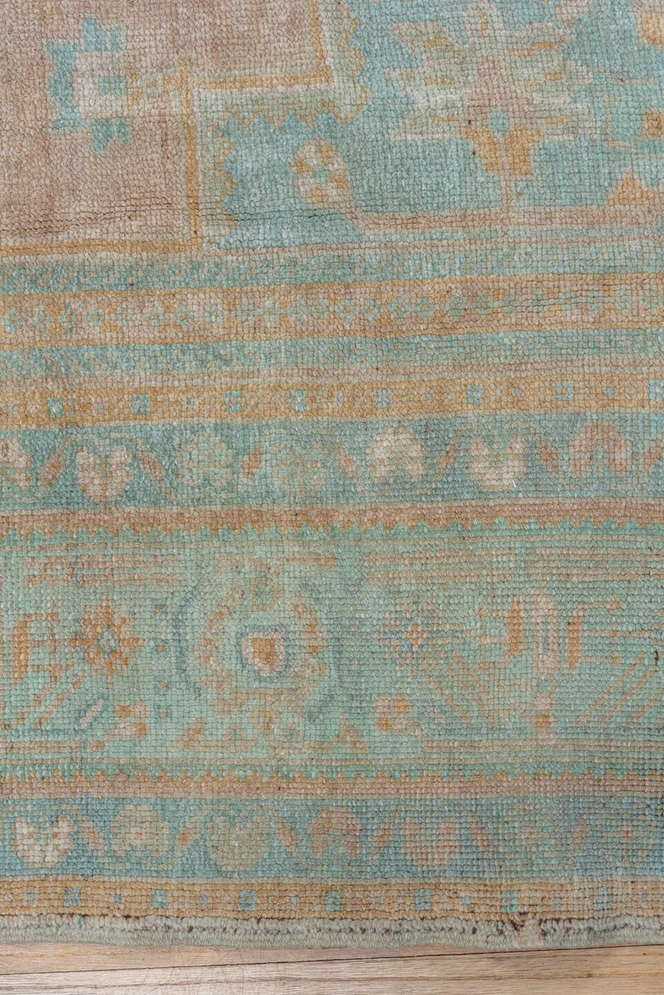 6' x 10' one-of-a-kind handmade vintage Oushak large size rug. Color palette: aqua, taupe, beige, ivory, sand, teal, gray