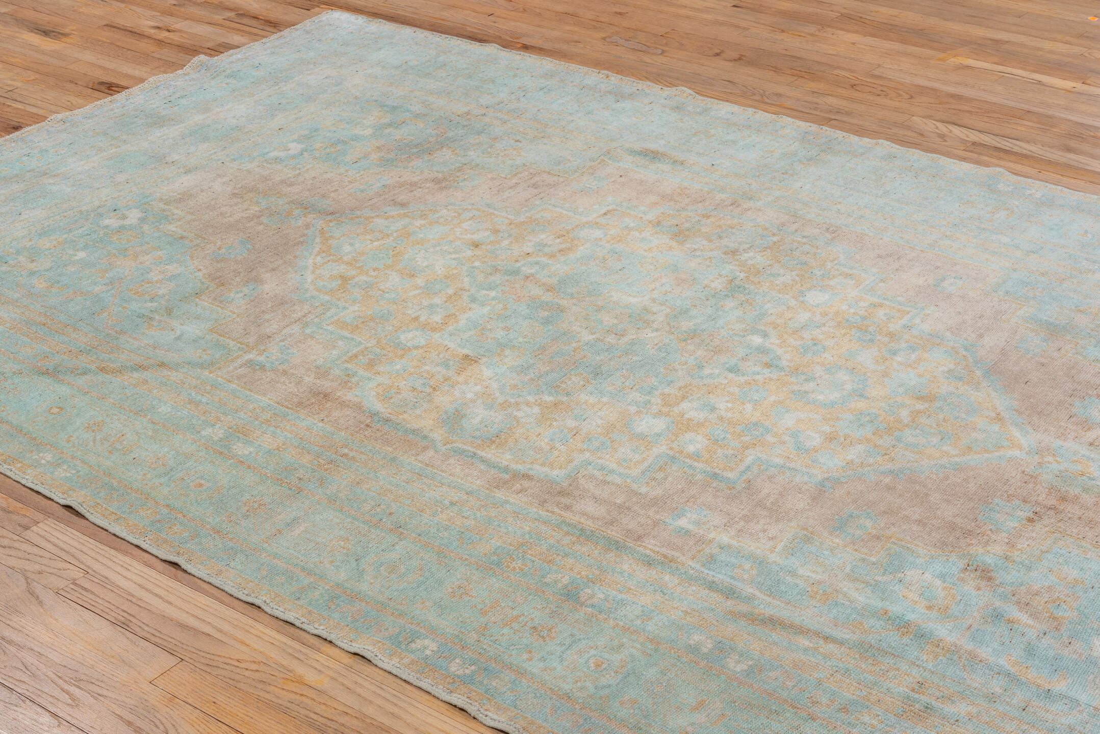 6' x 10' one-of-a-kind handmade vintage Oushak large size rug. Color palette: aqua, taupe, beige, ivory, sand, teal, gray