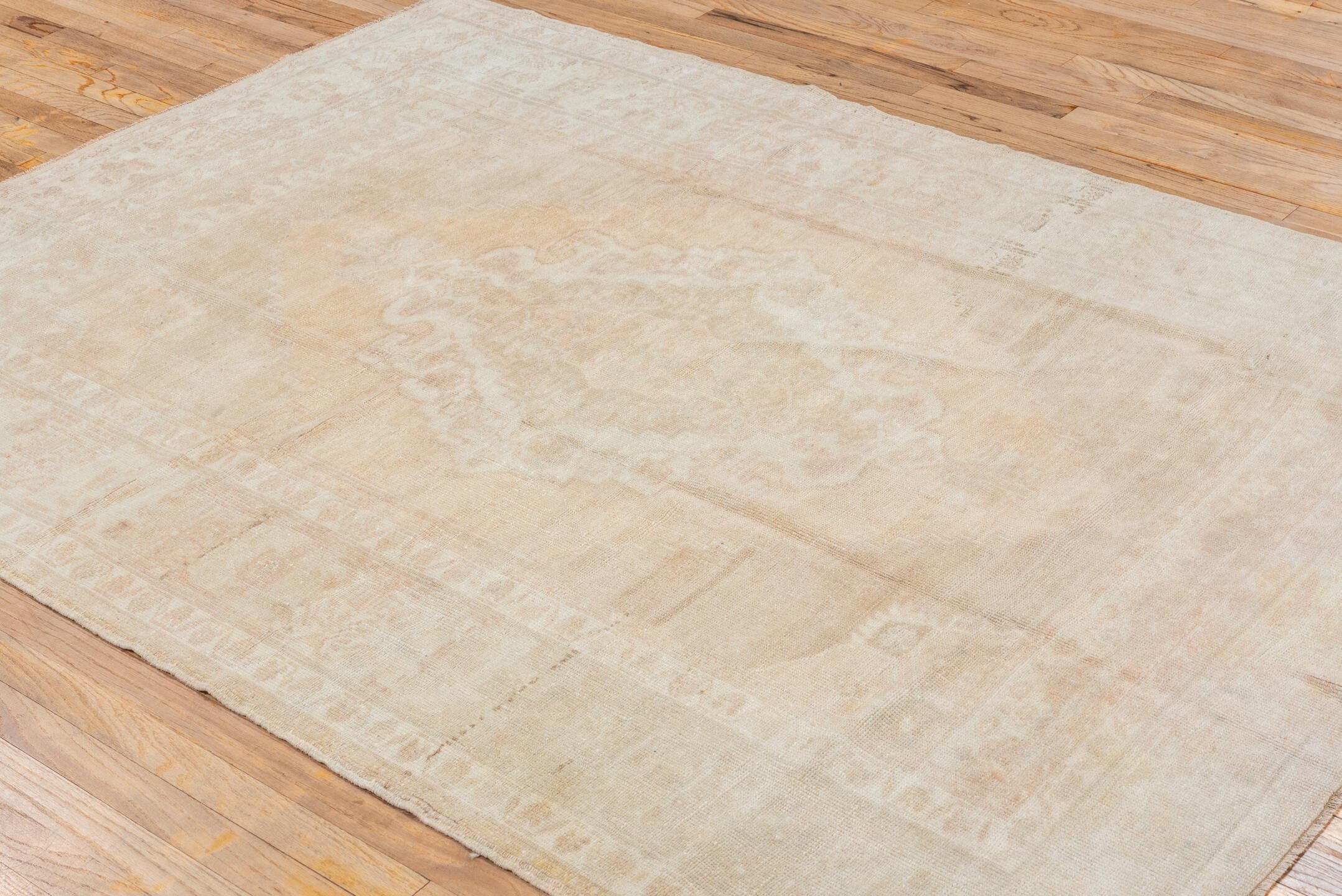 5' x 7' one-of-a-kind handmade vintage Oushak rug. Color palette: ivory, cream, sand, beige, taupe, gray