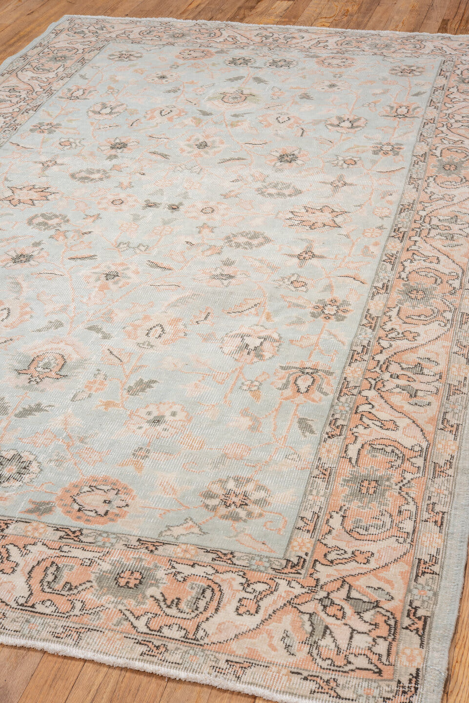 5' x 8' one-of-a-kind handmade vintage Oushak medium size rug. Color palette: pale blue, blush, ivory, sage, taupe, peach