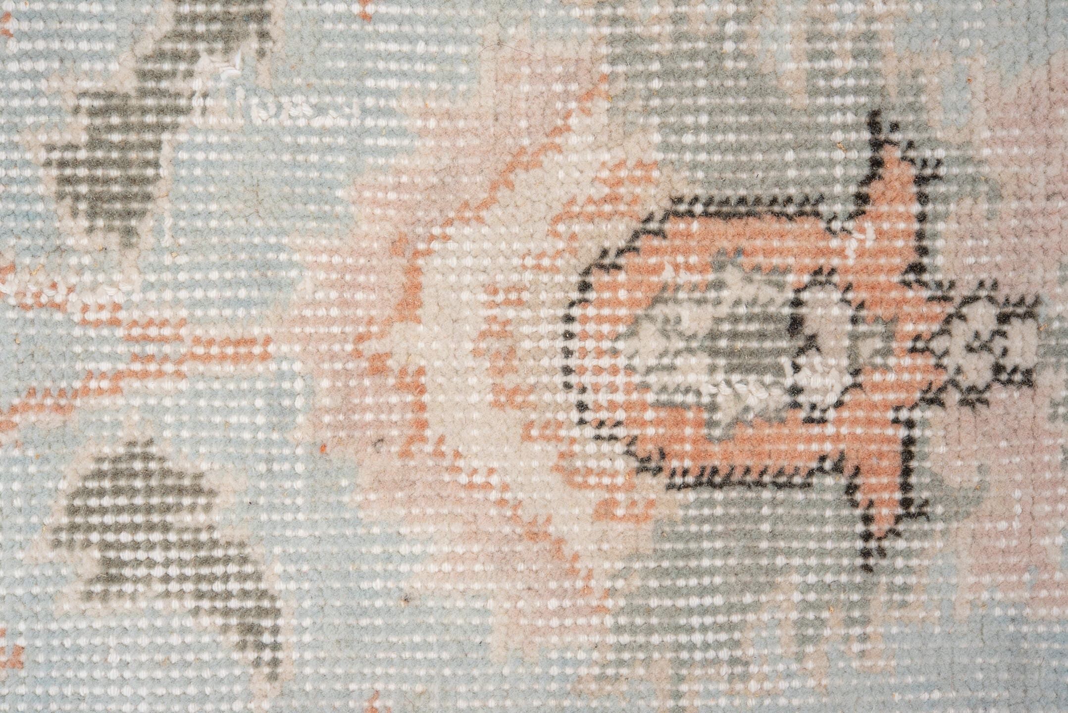 5' x 8' one-of-a-kind handmade vintage Oushak medium size rug. Color palette: pale blue, blush, ivory, sage, taupe, peach