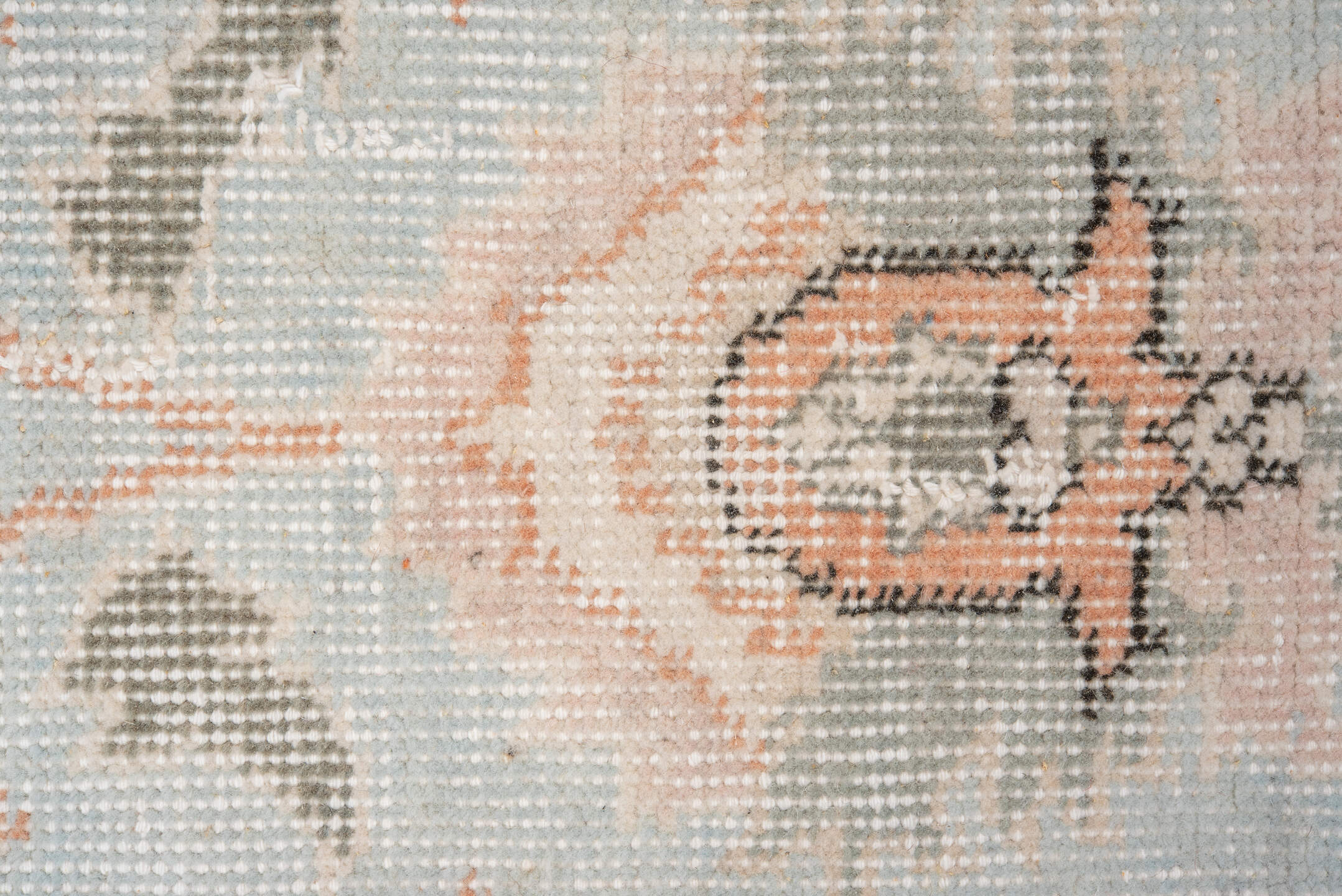 5' x 8' one-of-a-kind handmade vintage Oushak medium size rug. Color palette: pale blue, blush, ivory, sage, taupe, peach