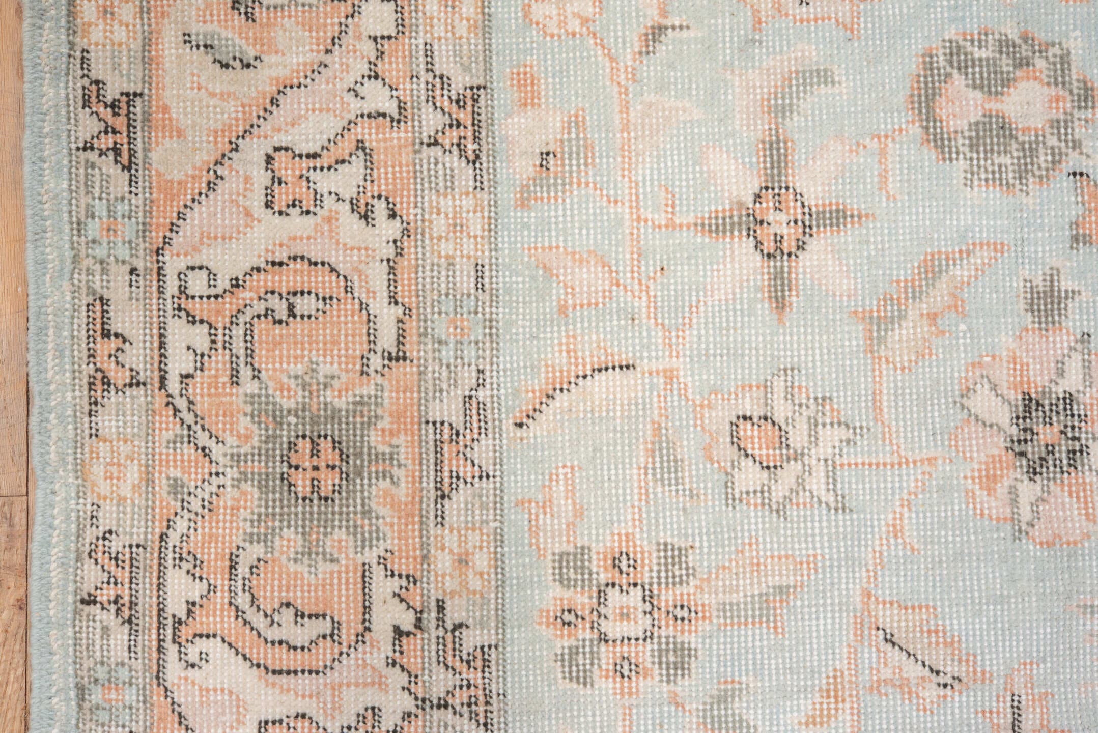 5' x 8' one-of-a-kind handmade vintage Oushak medium size rug. Color palette: pale blue, blush, ivory, sage, taupe, peach