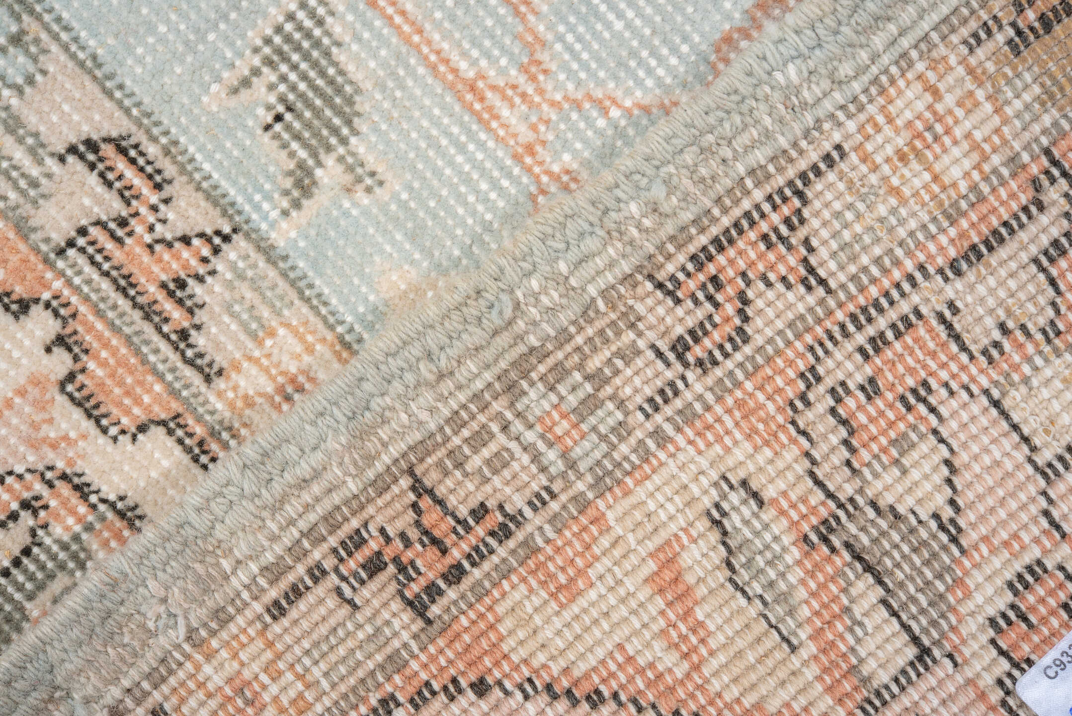 5' x 8' one-of-a-kind handmade vintage Oushak medium size rug. Color palette: pale blue, blush, ivory, sage, taupe, peach
