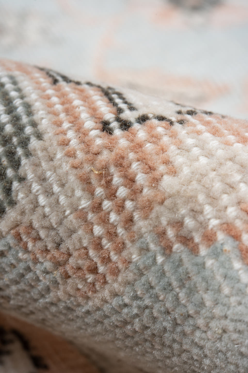 5' x 8' one-of-a-kind handmade vintage Oushak medium size rug. Color palette: pale blue, blush, ivory, sage, taupe, peach