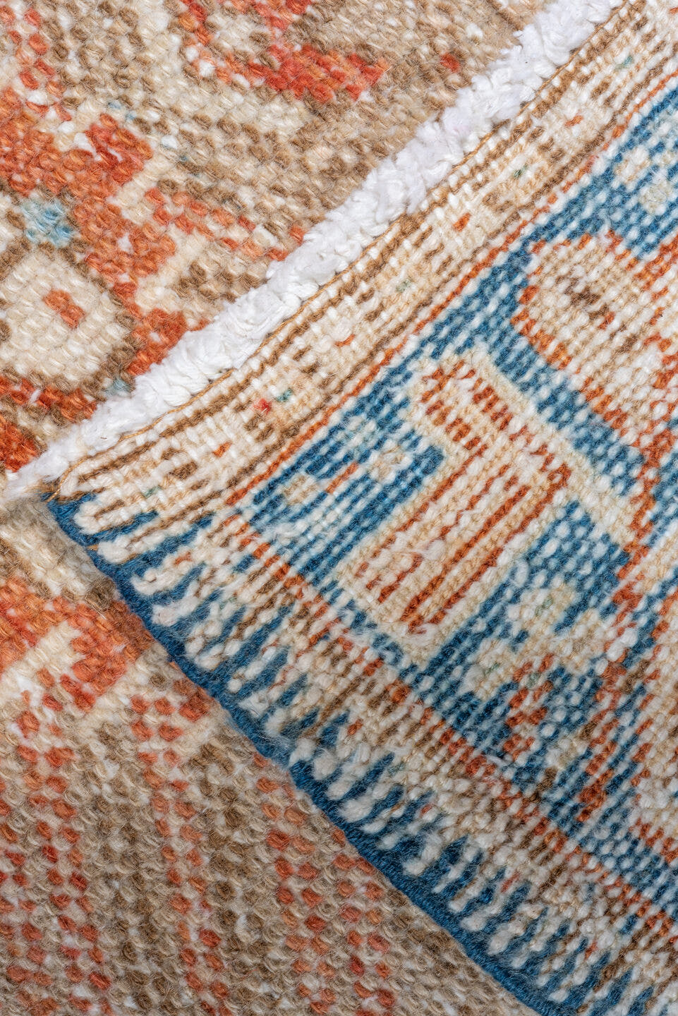 3' x 16' one-of-a-kind handmade vintage Karaje runner rug. Color palette: rust, sky blue, ivory, terracotta, camel, slate