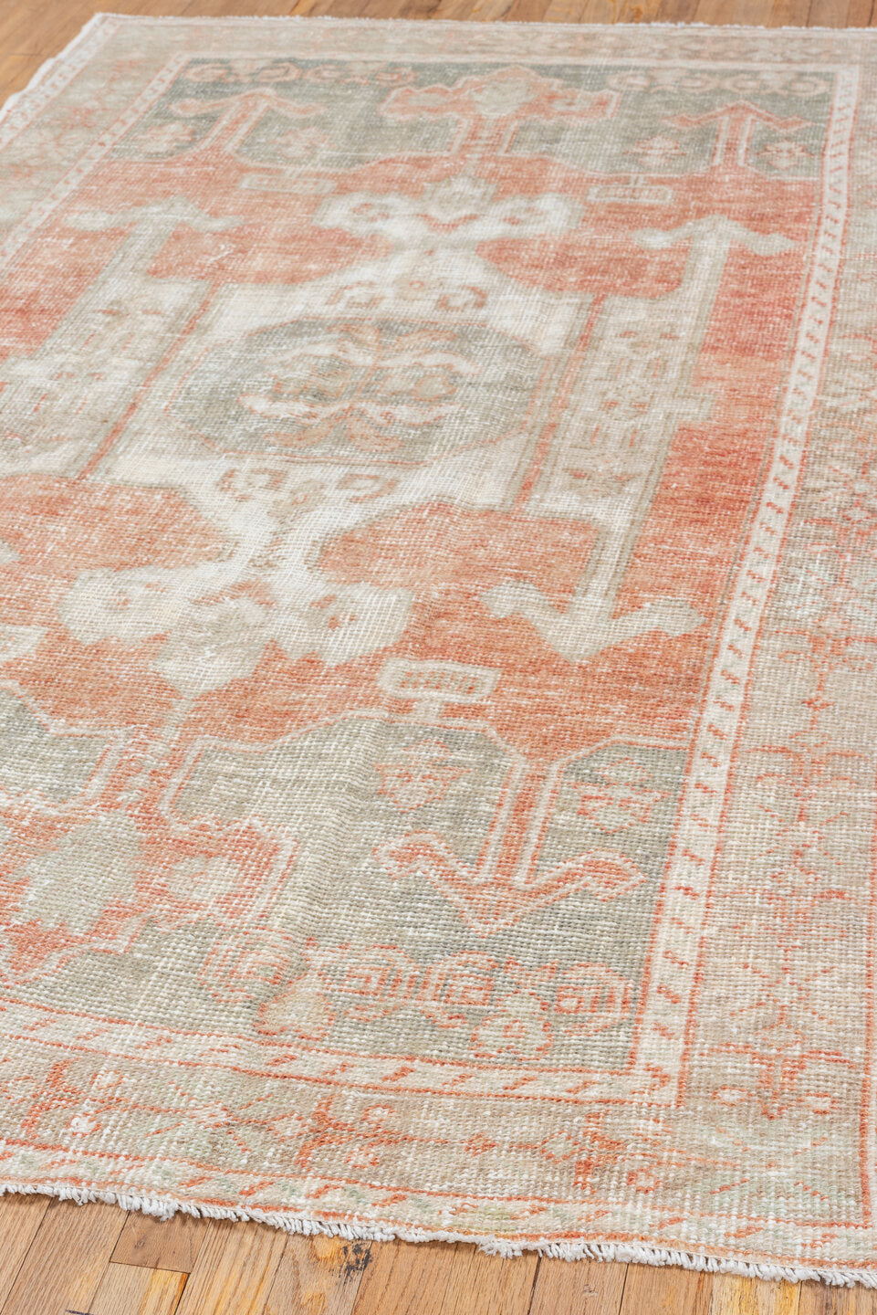 4' x 7' one-of-a-kind handmade vintage Oushak rug. Color palette: ivory, coral, pale gray, beige, blush, terracotta