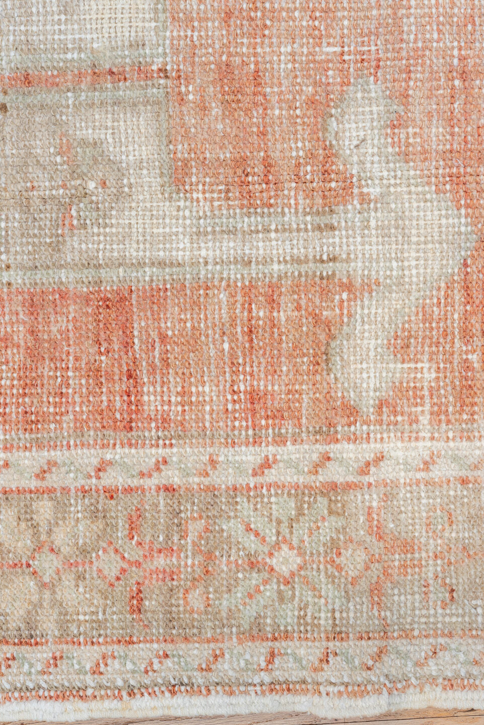 4' x 7' one-of-a-kind handmade vintage Oushak rug. Color palette: ivory, coral, pale gray, beige, blush, terracotta