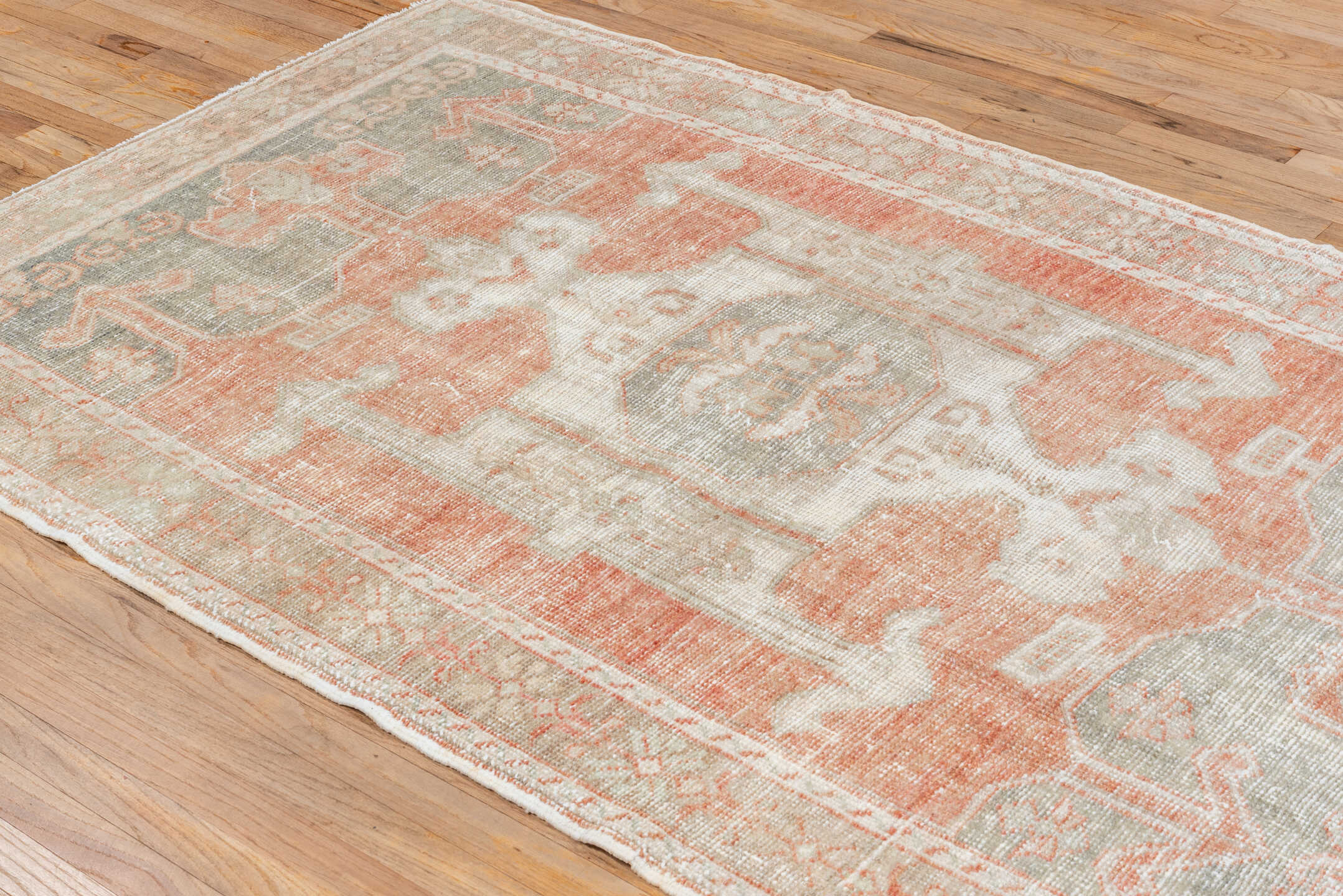 4' x 7' one-of-a-kind handmade vintage Oushak rug. Color palette: ivory, coral, pale gray, beige, blush, terracotta