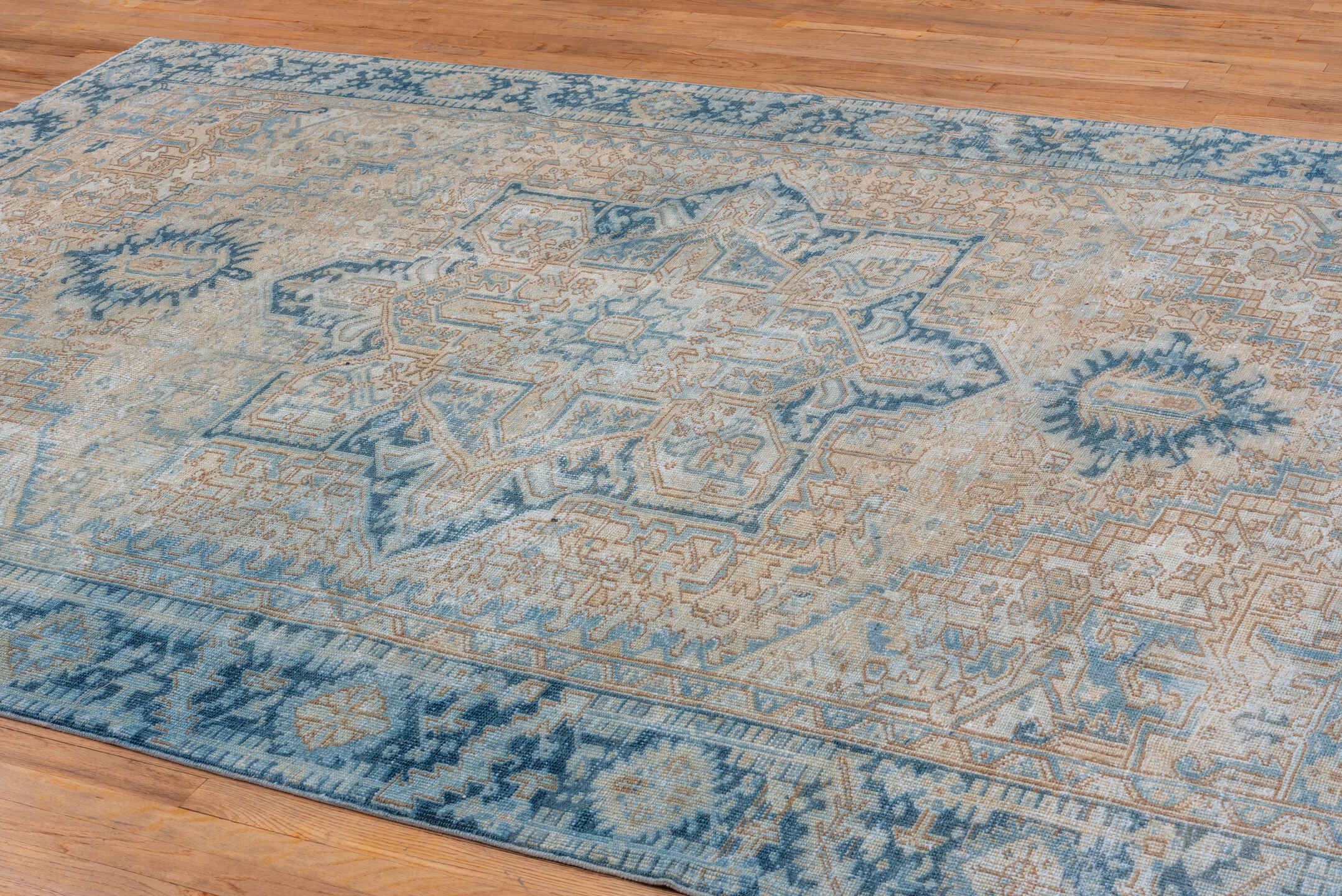 7' x 11' one-of-a-kind handmade vintage Heriz large size rug. Color palette: blue, dark gray, gainsboro, gray, light blue