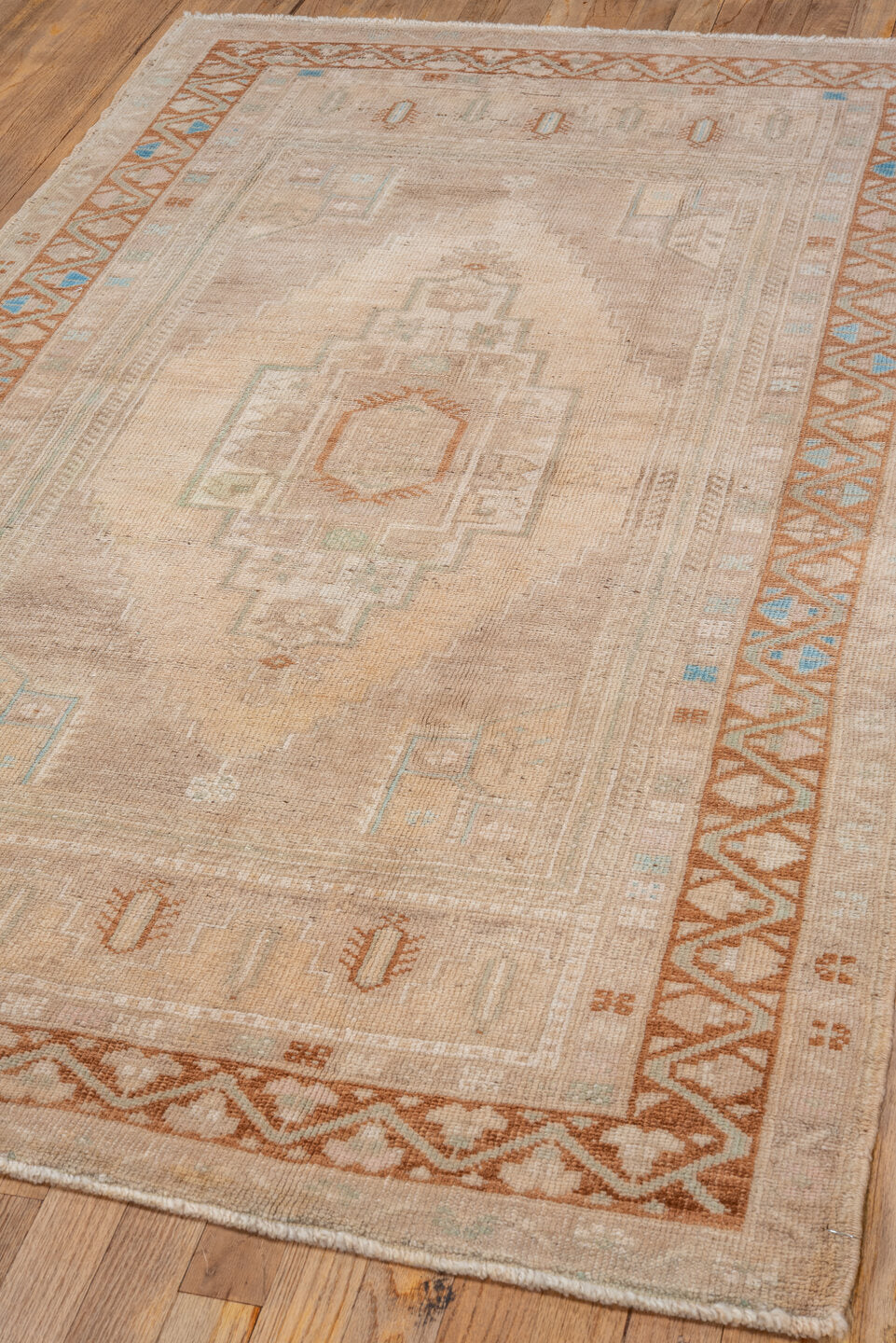 3' x 6' one-of-a-kind handmade vintage Oushak small size rug. Color palette: ivory, beige, camel, taupe, pale_aqua, sand