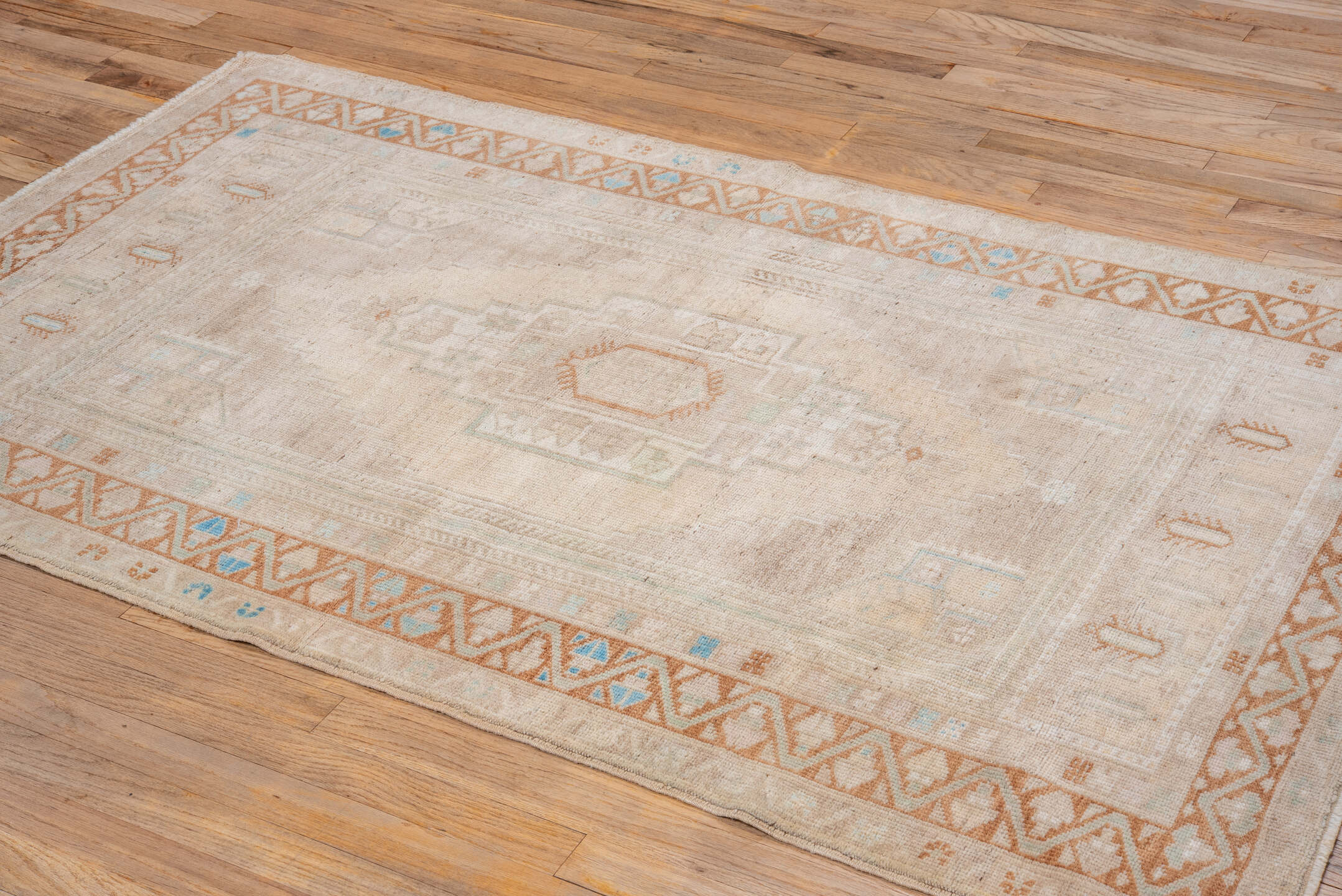 3' x 6' one-of-a-kind handmade vintage Oushak small size rug. Color palette: ivory, beige, camel, taupe, pale_aqua, sand