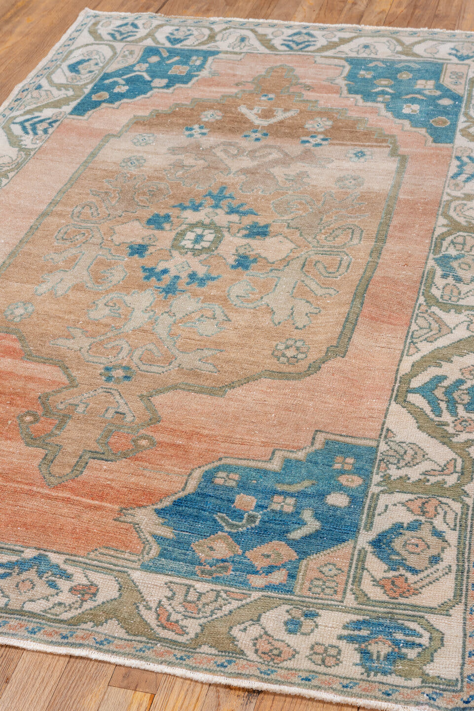 3' x 6' one-of-a-kind handmade vintage Oushak small size rug. Color palette: peach, ivory, sky_blue, taupe, olive, beige