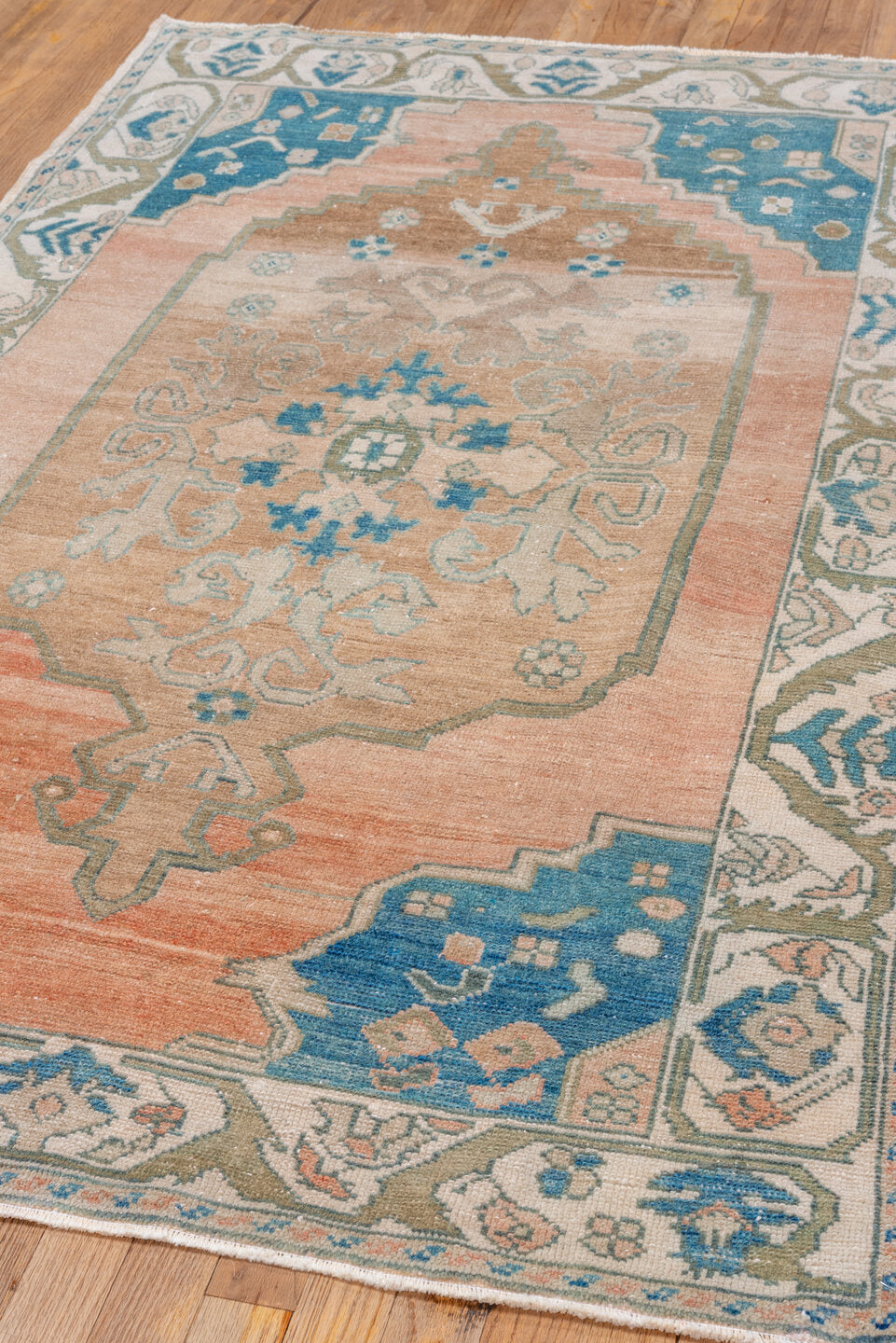 3' x 6' one-of-a-kind handmade vintage Oushak small size rug. Color palette: peach, ivory, sky_blue, taupe, olive, beige