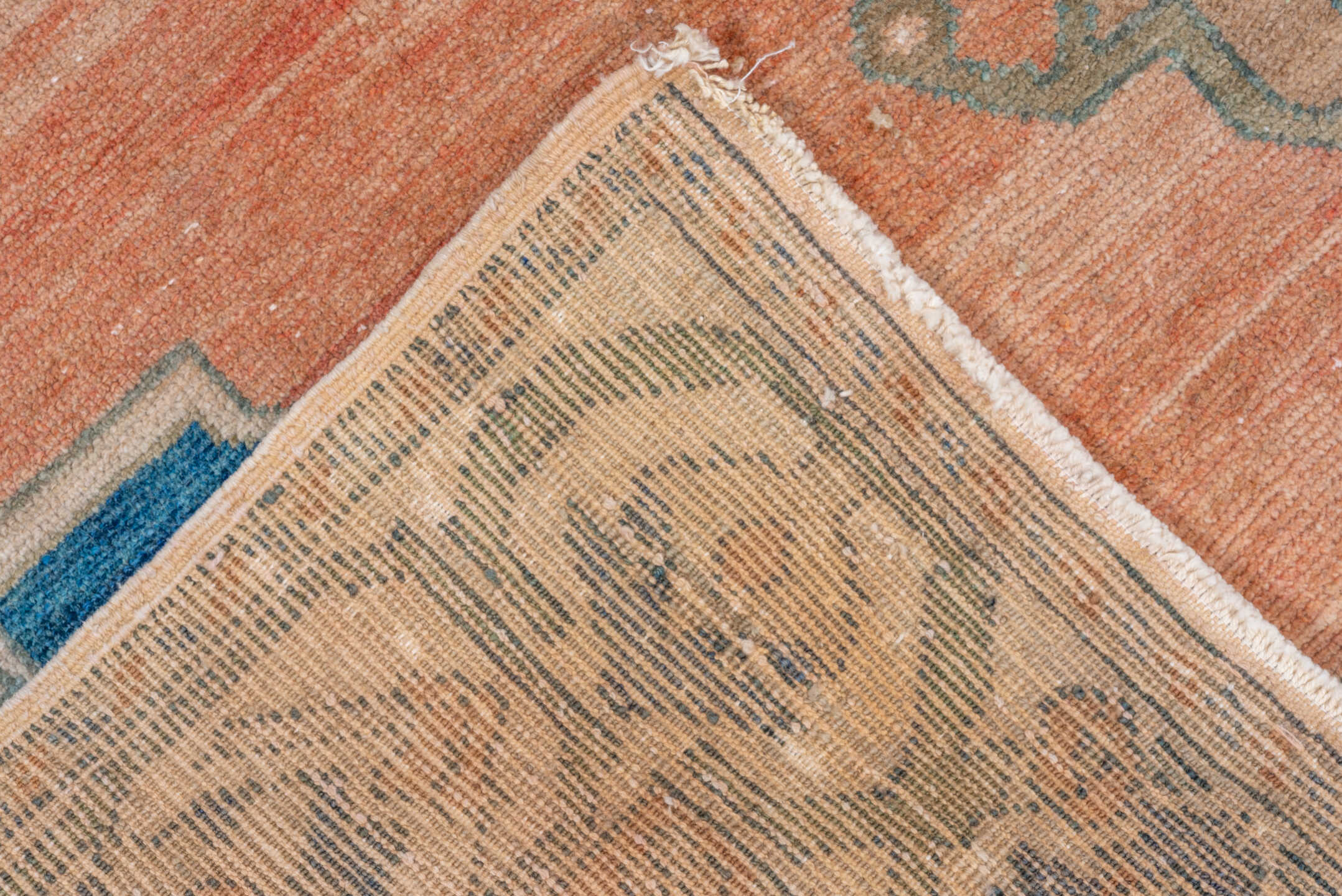 3' x 6' one-of-a-kind handmade vintage Oushak small size rug. Color palette: peach, ivory, sky_blue, taupe, olive, beige