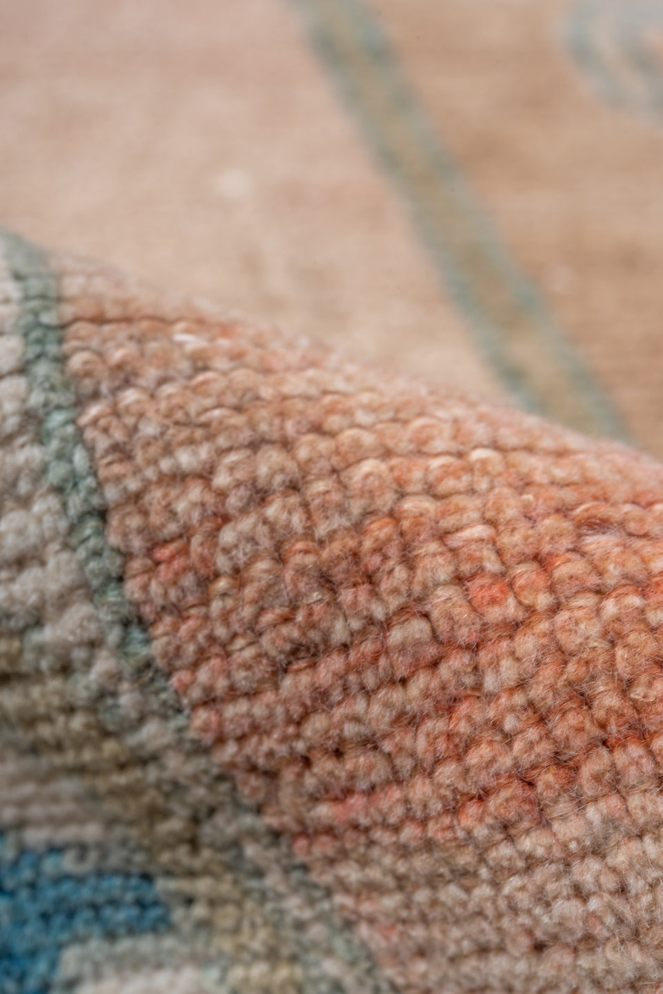 3' x 6' one-of-a-kind handmade vintage Oushak small size rug. Color palette: peach, ivory, sky_blue, taupe, olive, beige