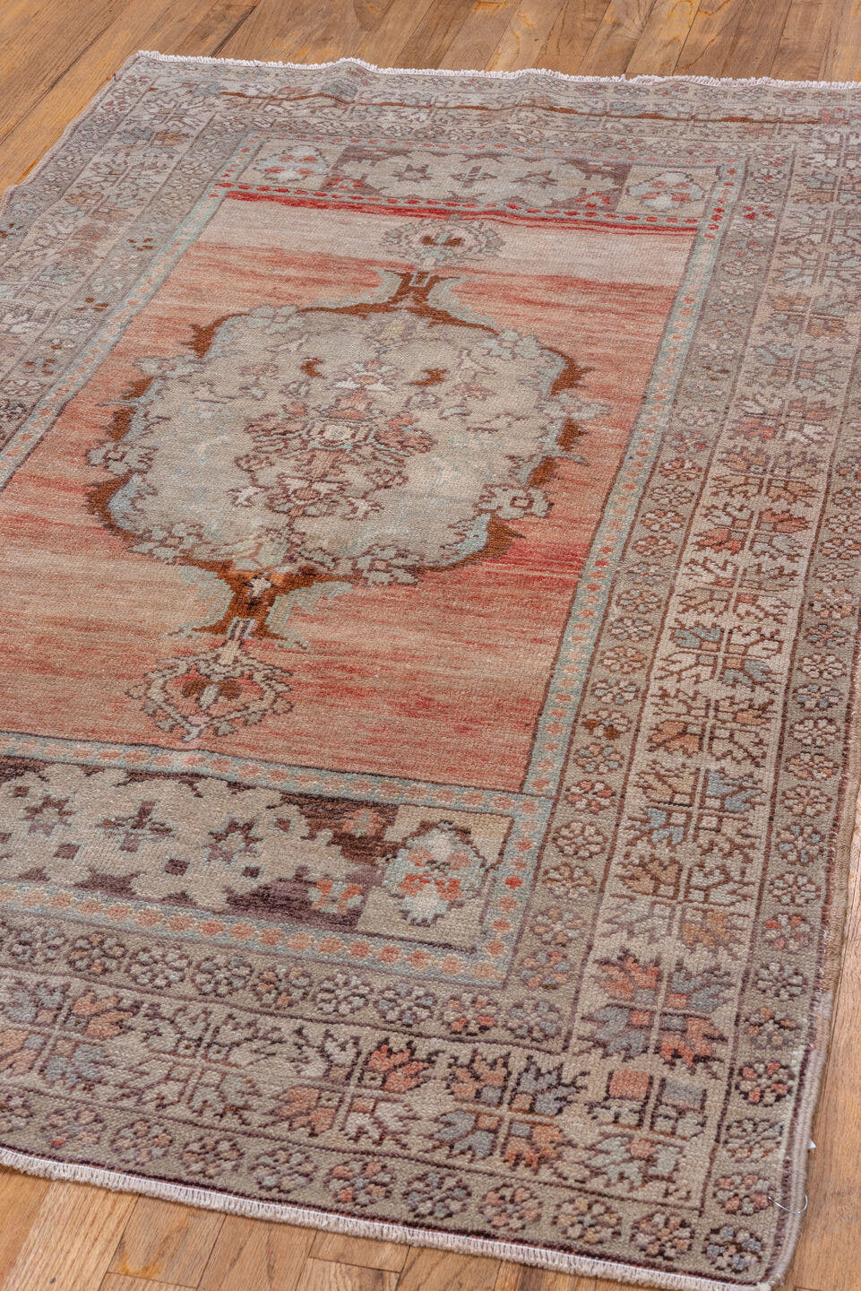 3' x 5' one-of-a-kind handmade vintage Oushak small size rug. Color palette: blush, ivory, taupe, camel, brown, pale blue