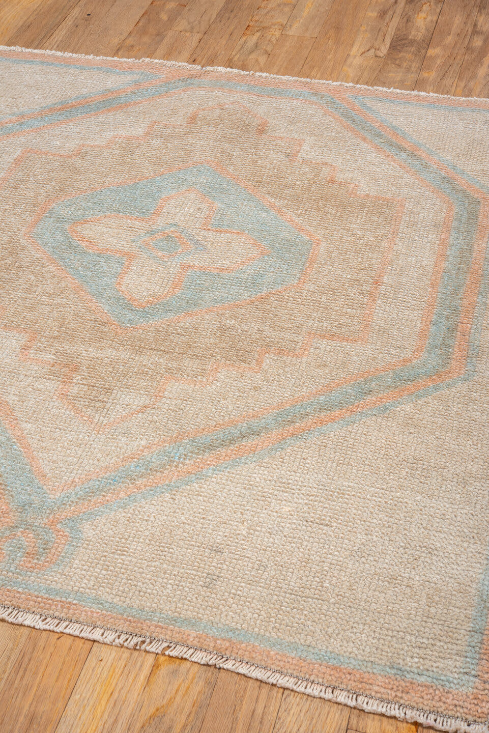 3' x 3' one-of-a-kind handmade vintage Oushak small size rug. Color palette: ivory, beige, pale blue, blush, sand