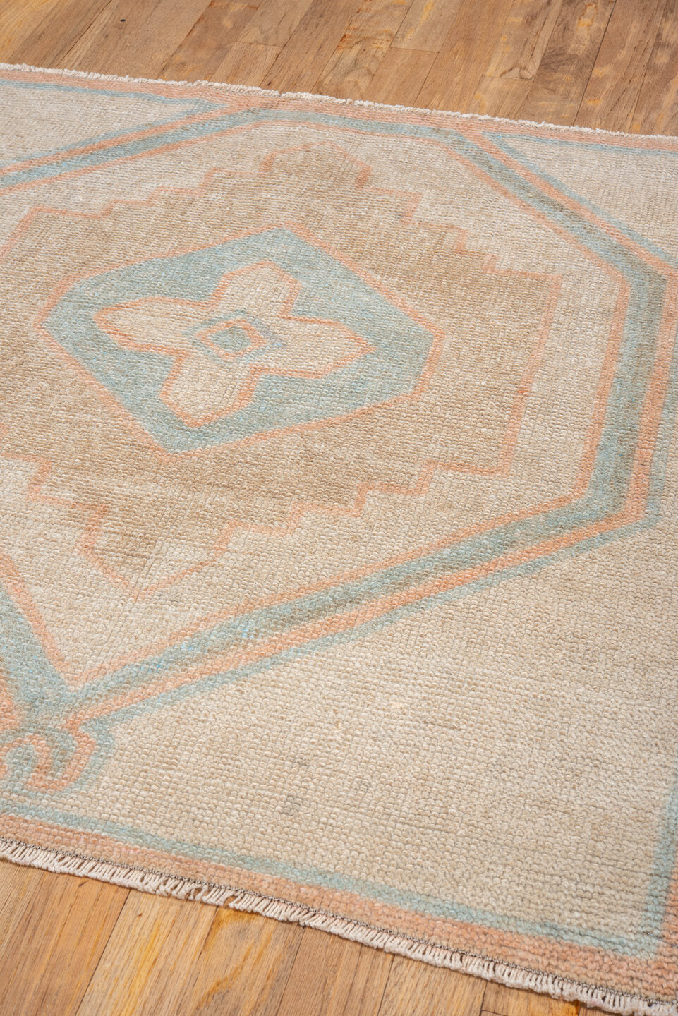 3' x 3' one-of-a-kind handmade vintage Oushak small size rug. Color palette: ivory, beige, pale blue, blush, sand