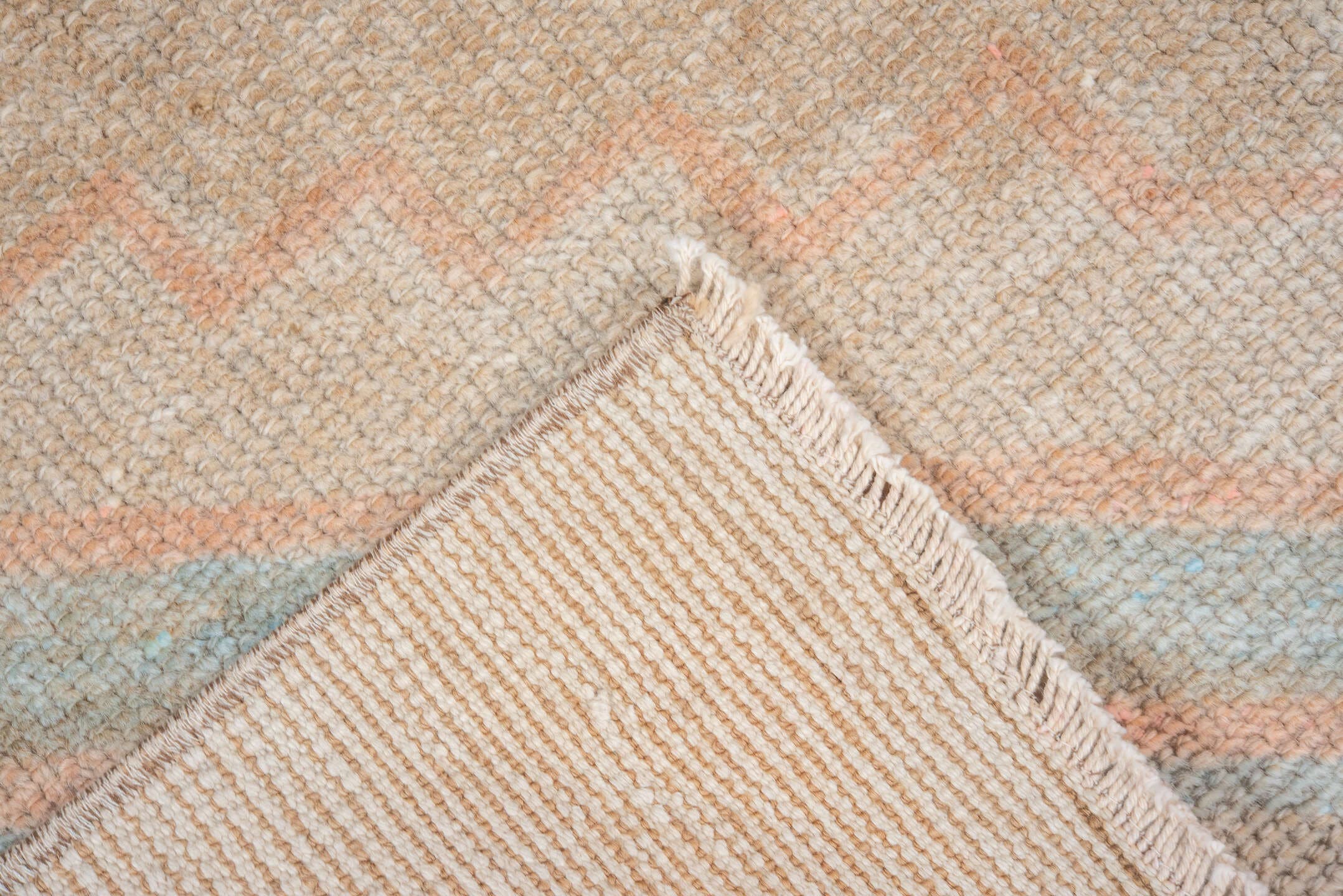 3' x 3' one-of-a-kind handmade vintage Oushak small size rug. Color palette: ivory, beige, pale blue, blush, sand