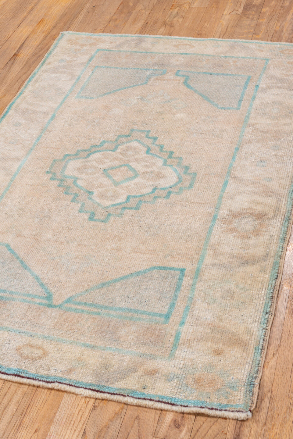 2' x 4' one-of-a-kind handmade vintage Oushak small size rug. Color palette: ivory, aqua, beige, taupe, sand, teal, gray