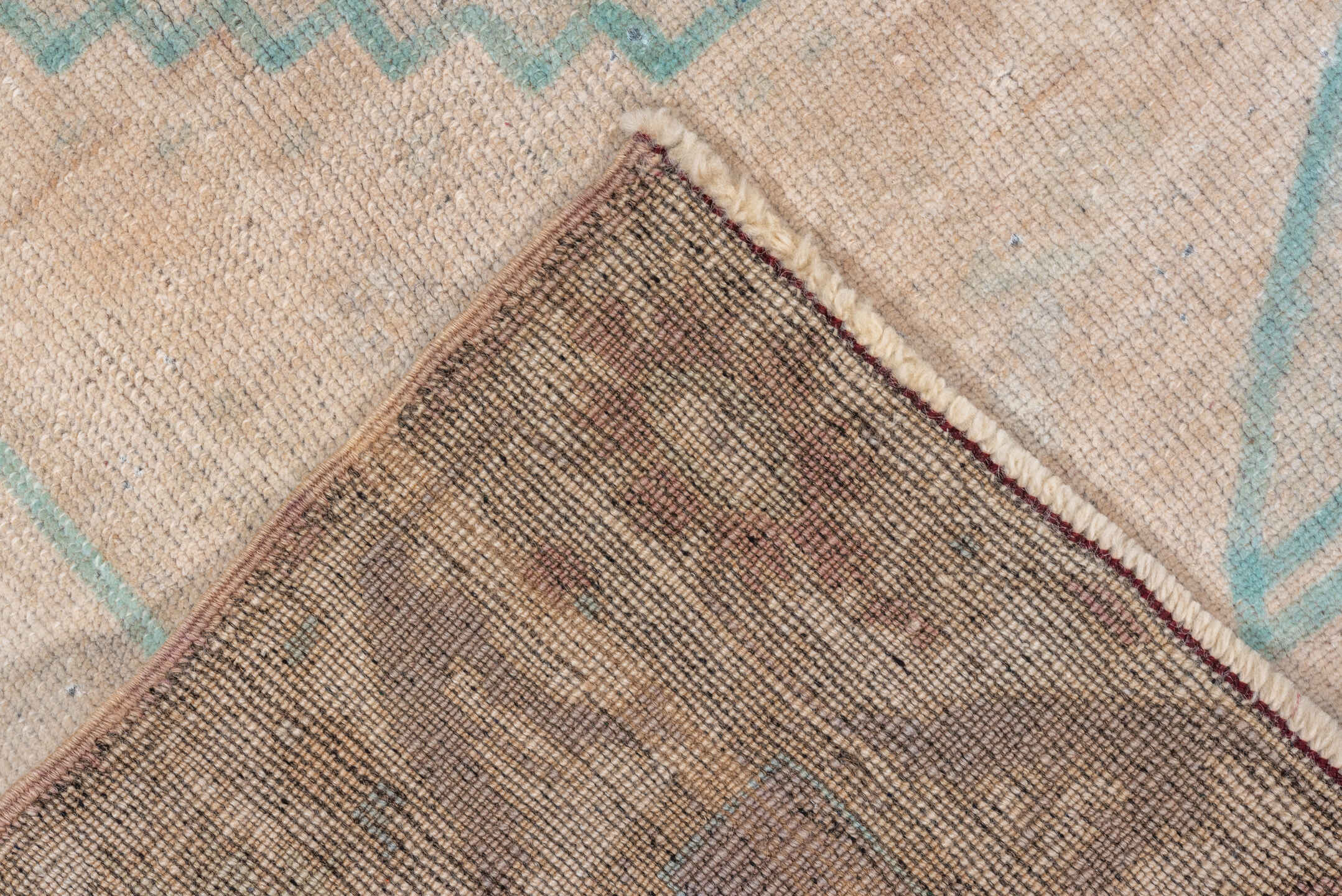 2' x 4' one-of-a-kind handmade vintage Oushak small size rug. Color palette: ivory, aqua, beige, taupe, sand, teal, gray
