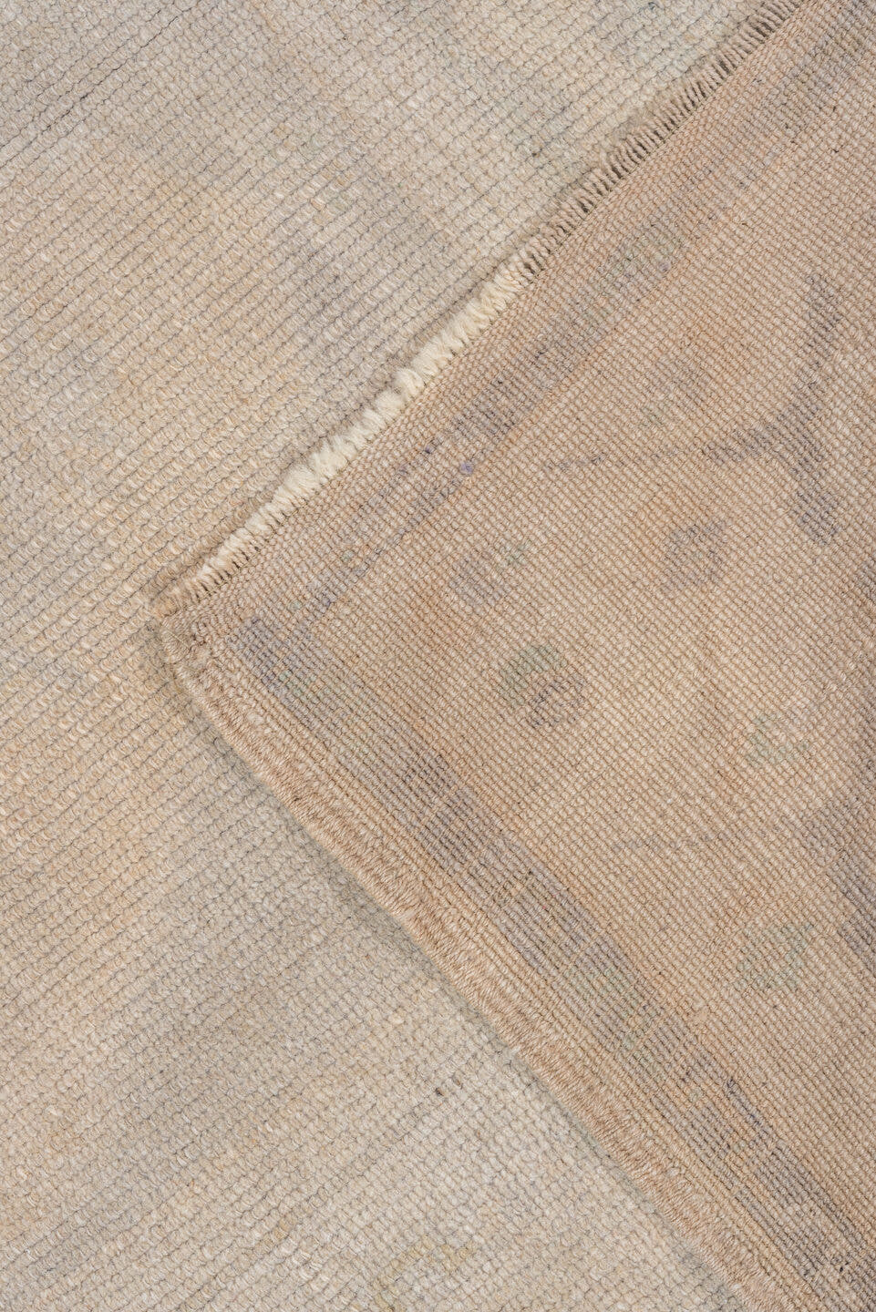 2' x 5' one-of-a-kind handmade vintage Oushak small size rug. Color palette: ivory, taupe, sage, pale gold, beige, gray