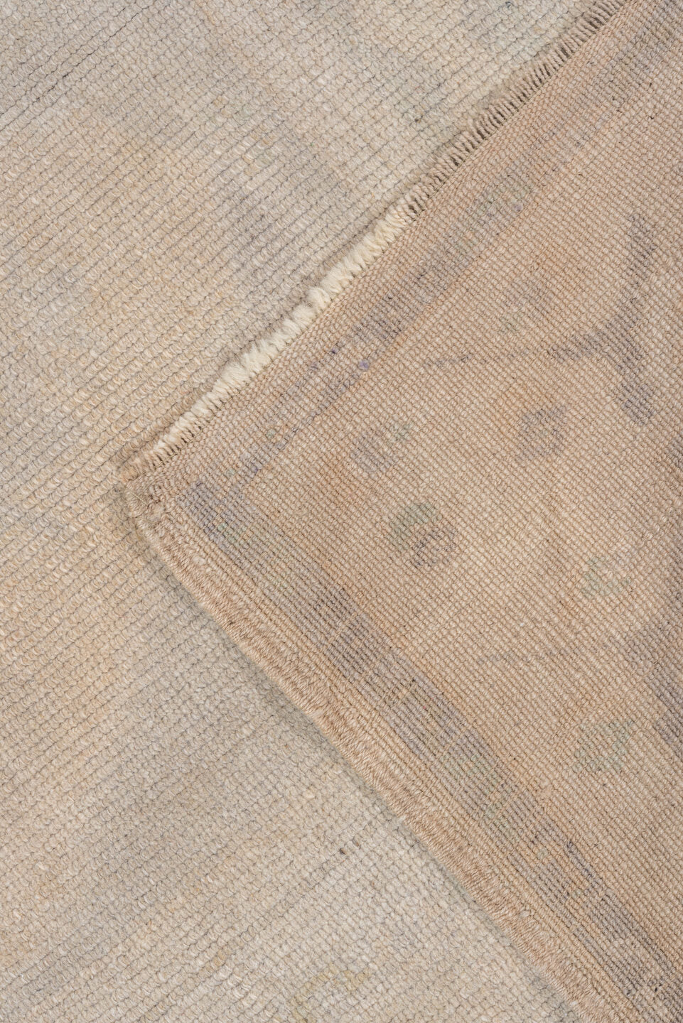 2' x 5' one-of-a-kind handmade vintage Oushak small size rug. Color palette: ivory, taupe, sage, pale gold, beige, gray