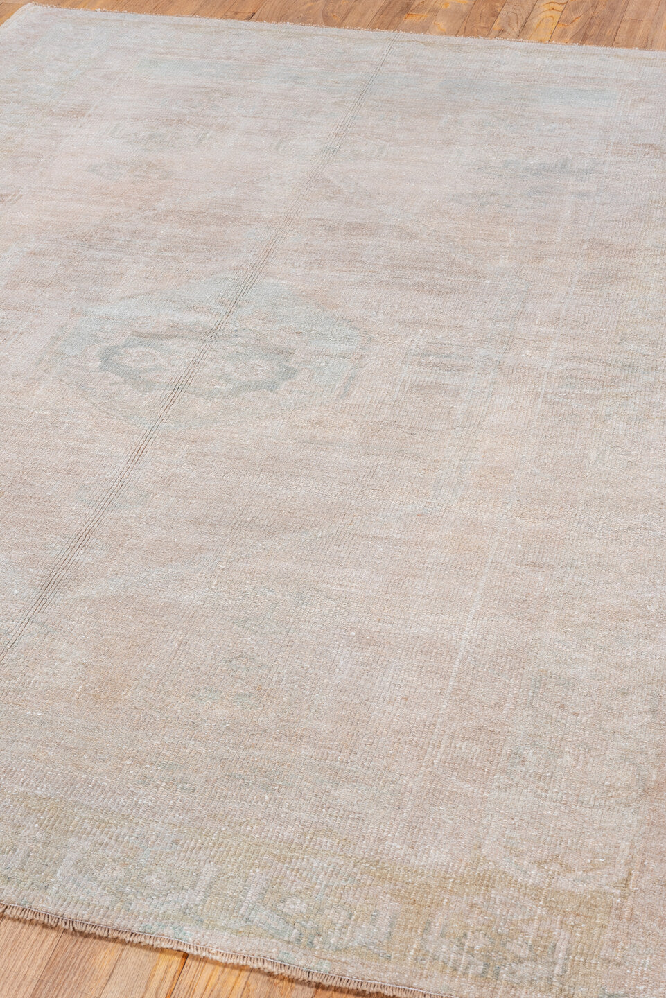 5' x 6' one-of-a-kind handmade vintage Oushak rug. Color palette: beige, ivory, pale blue, taupe, cream, light blue, gray