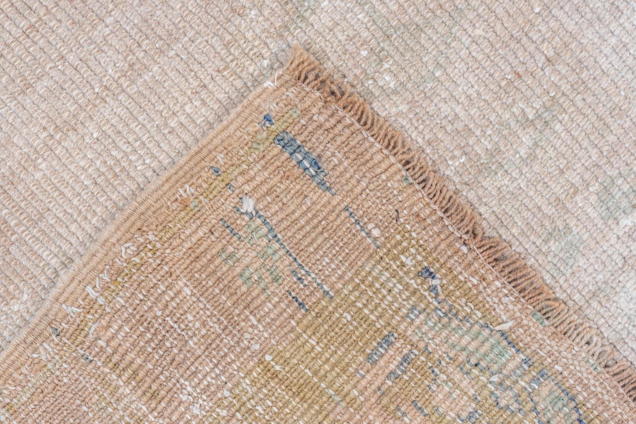 5' x 6' one-of-a-kind handmade vintage Oushak rug. Color palette: beige, ivory, pale blue, taupe, cream, light blue, gray