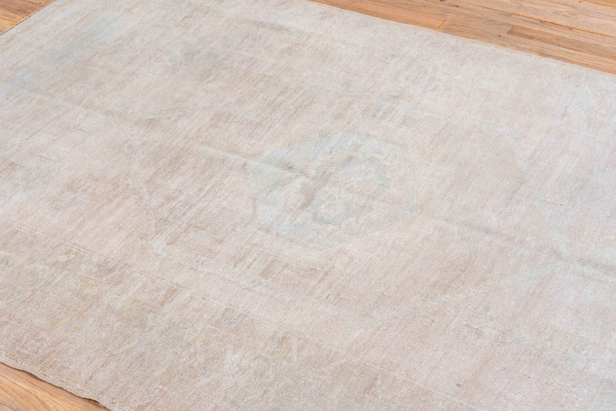 5' x 6' one-of-a-kind handmade vintage Oushak rug. Color palette: beige, ivory, pale blue, taupe, cream, light blue, gray