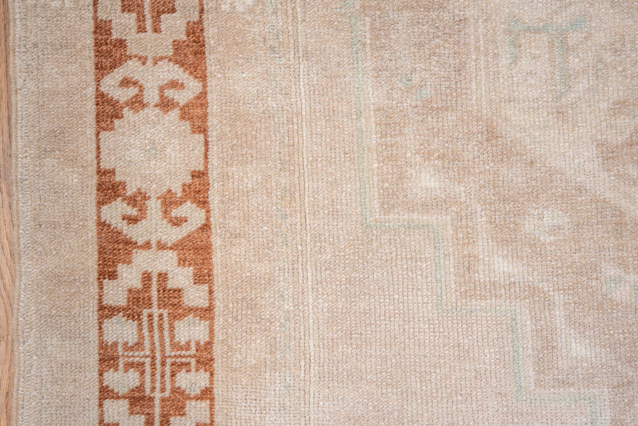 4' x 8' one-of-a-kind handmade vintage Oushak rug. Color palette: ivory, beige, rust, cream, pale aqua, taupe, terracotta