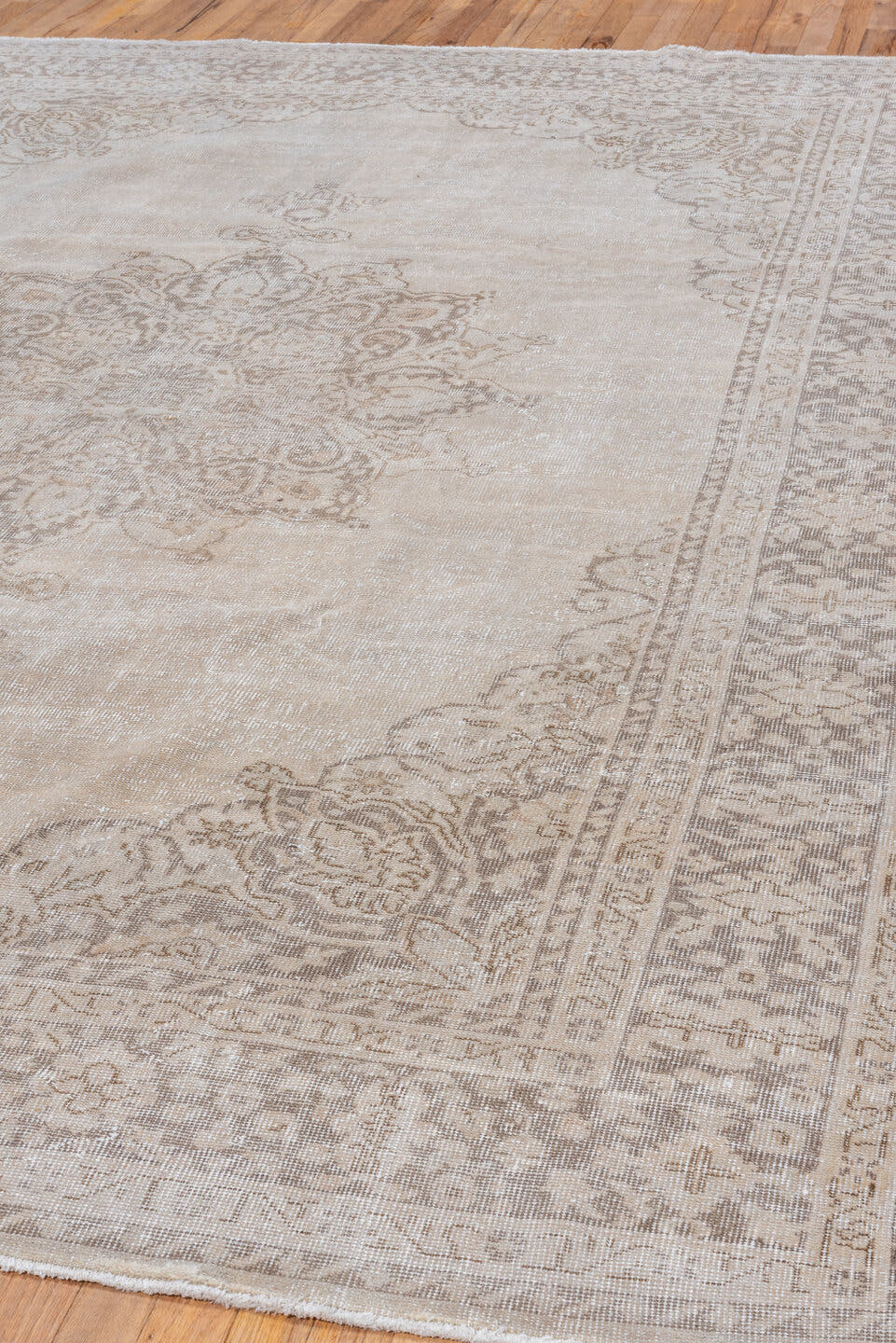 7' x 10' one-of-a-kind handmade vintage Oushak large size rug. Color palette: ivory, taupe, beige, stone, greige, gray