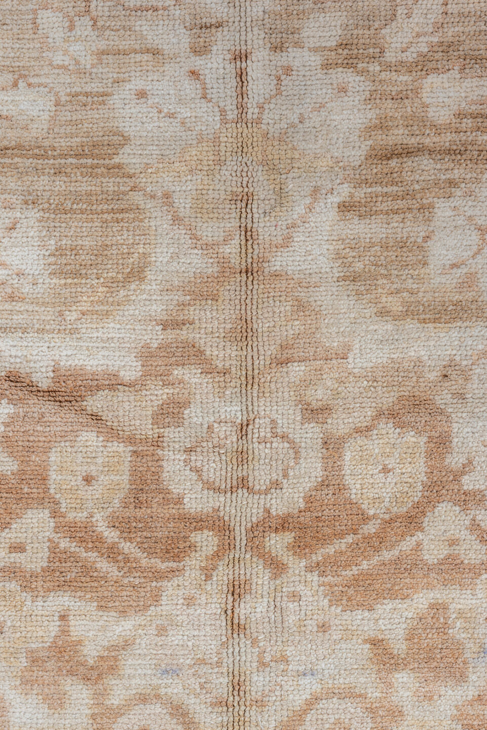7' x 9' one-of-a-kind handmade vintage Oushak rug. Color palette: ivory, taupe, beige, blush, camel, cream, gray, pink