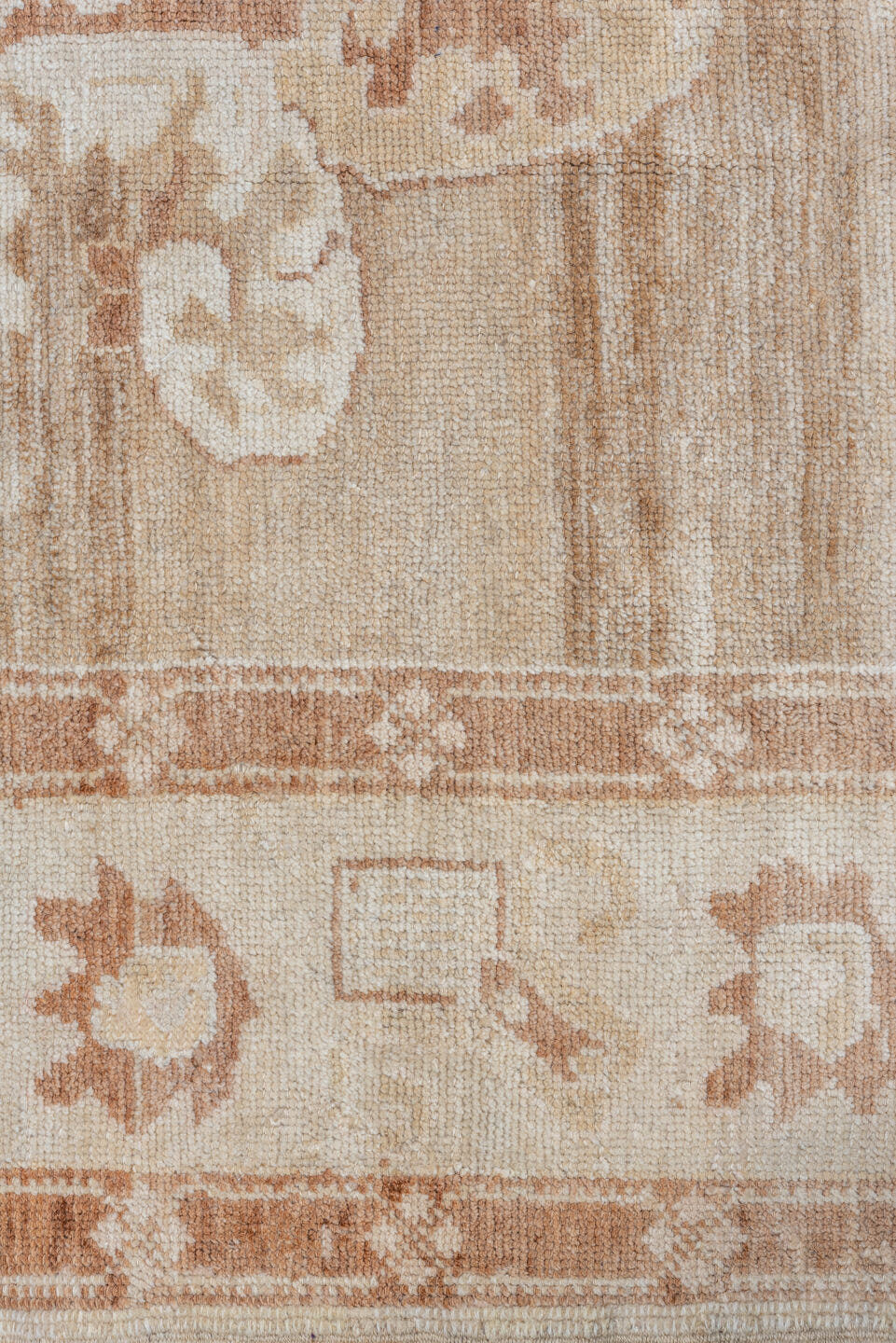 7' x 9' one-of-a-kind handmade vintage Oushak rug. Color palette: ivory, taupe, beige, blush, camel, cream, gray, pink