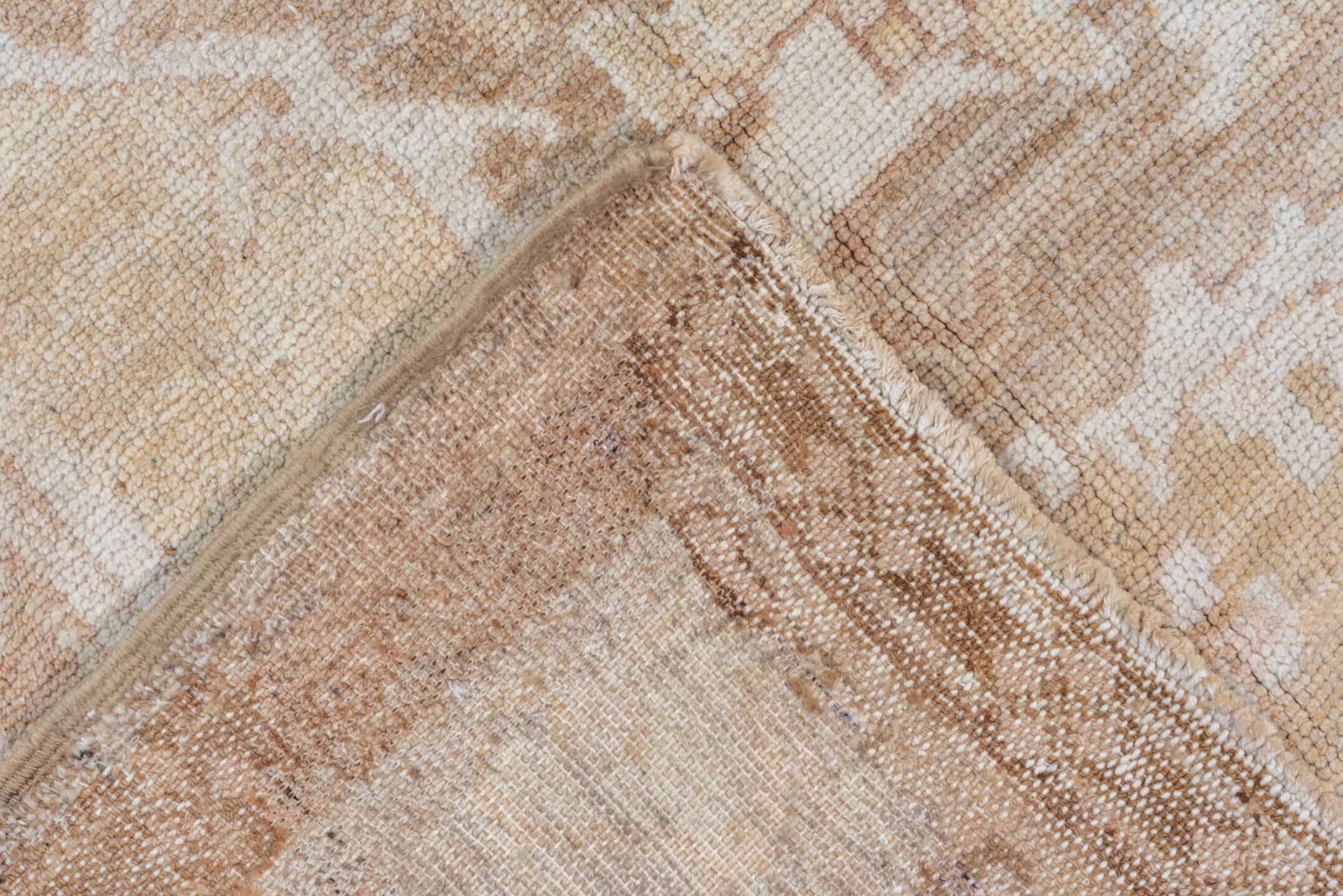 7' x 9' one-of-a-kind handmade vintage Oushak rug. Color palette: ivory, taupe, beige, blush, camel, cream, gray, pink