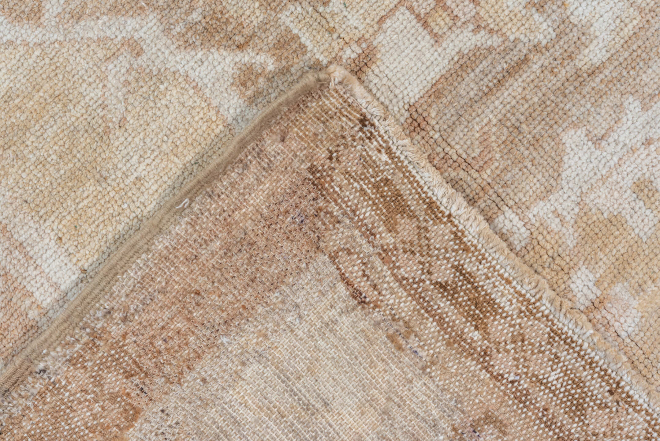 7' x 9' one-of-a-kind handmade vintage Oushak rug. Color palette: ivory, taupe, beige, blush, camel, cream, gray, pink