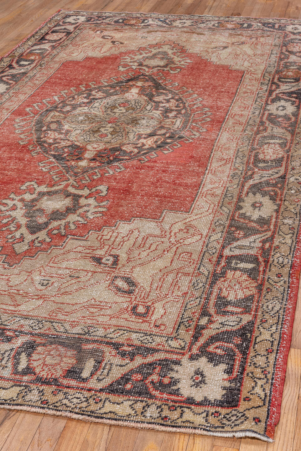 5' x 11' one-of-a-kind handmade vintage Oushak rug. Color palette: terra cotta, ivory, charcoal, taupe, rose, camel, olive