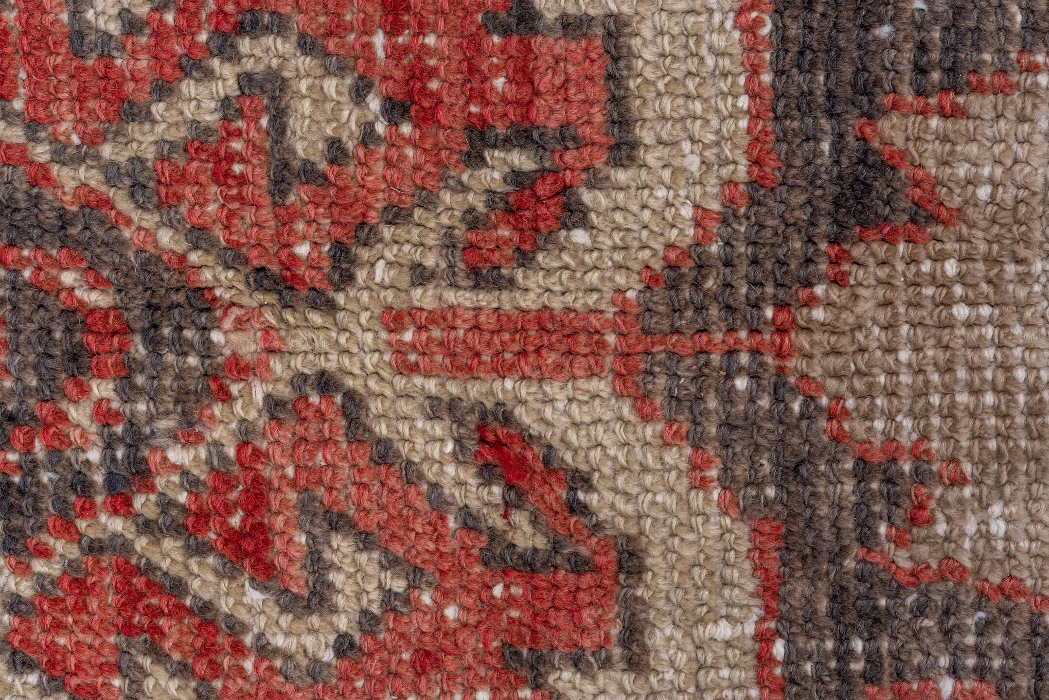 5' x 11' one-of-a-kind handmade vintage Oushak rug. Color palette: brown, gray, light gray, off-white, pink, red