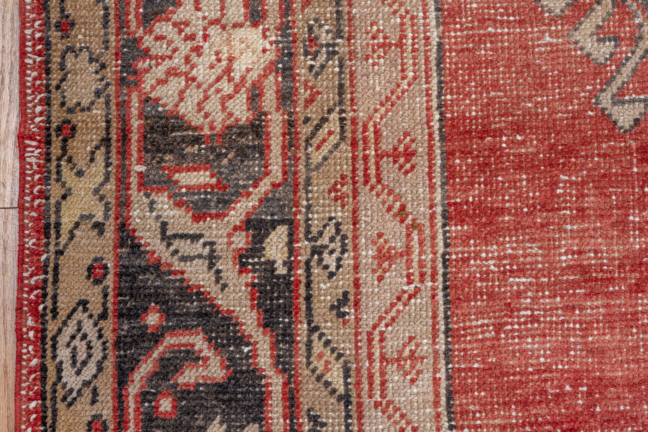 5' x 11' one-of-a-kind handmade vintage Oushak rug. Color palette: brown, gray, light gray, off-white, pink, red