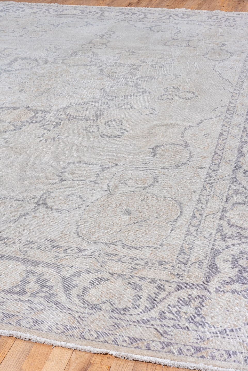 9' x 13' one-of-a-kind handmade vintage Oushak large size rug. Color palette: ivory, powder blue, taupe, beige, slate